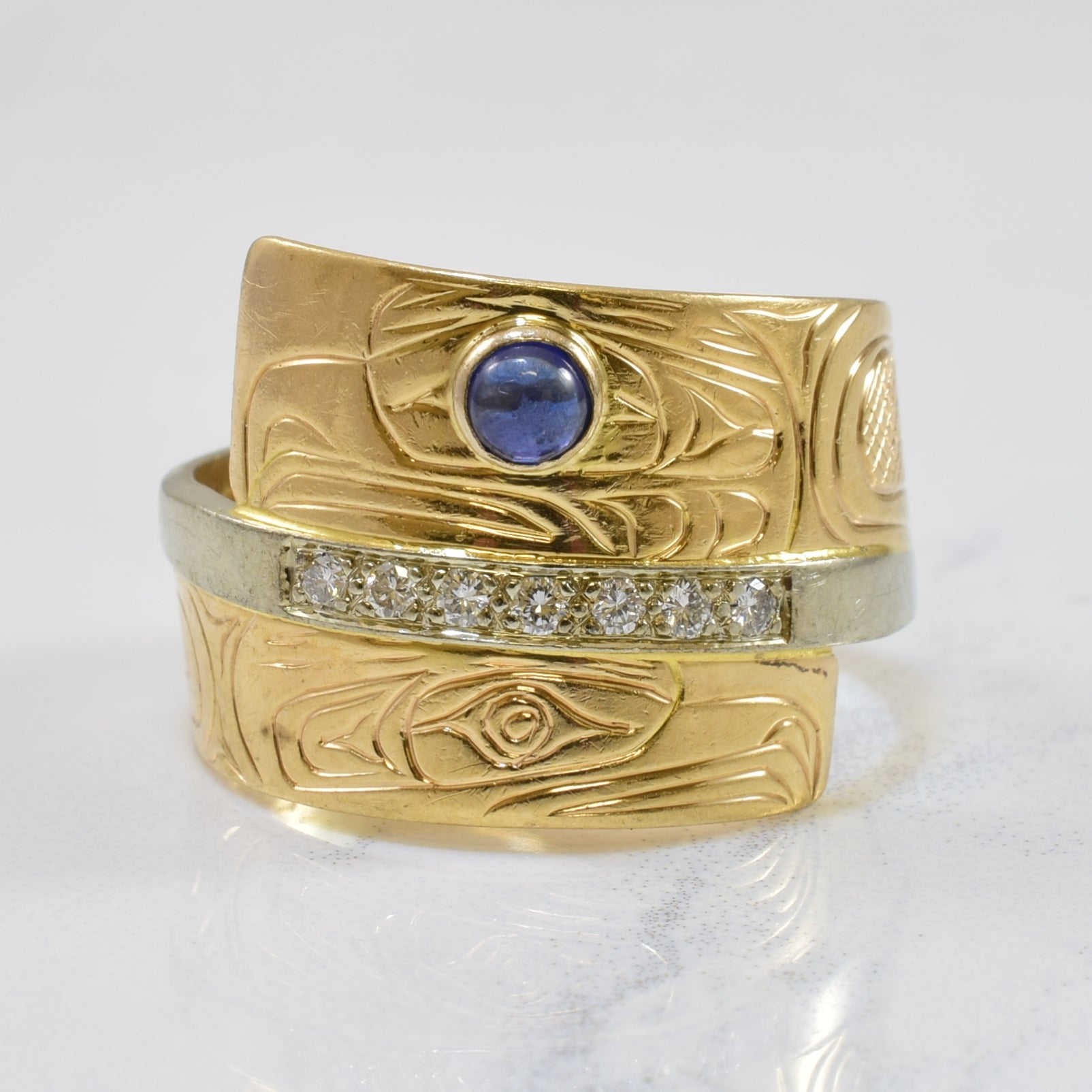 Blue Sapphire & Diamond Hand Engraved Eagle Ring | 0.17ct, 0.14ctw | SZ 9.5 |