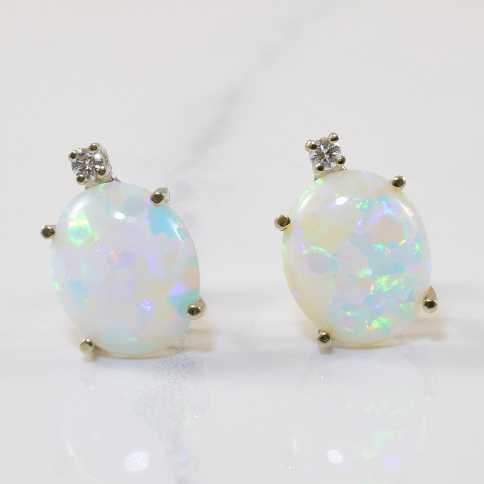 Synthetic Opal & Diamond Basket Stud Earrings | 4.60ctw, 0.08ctw |