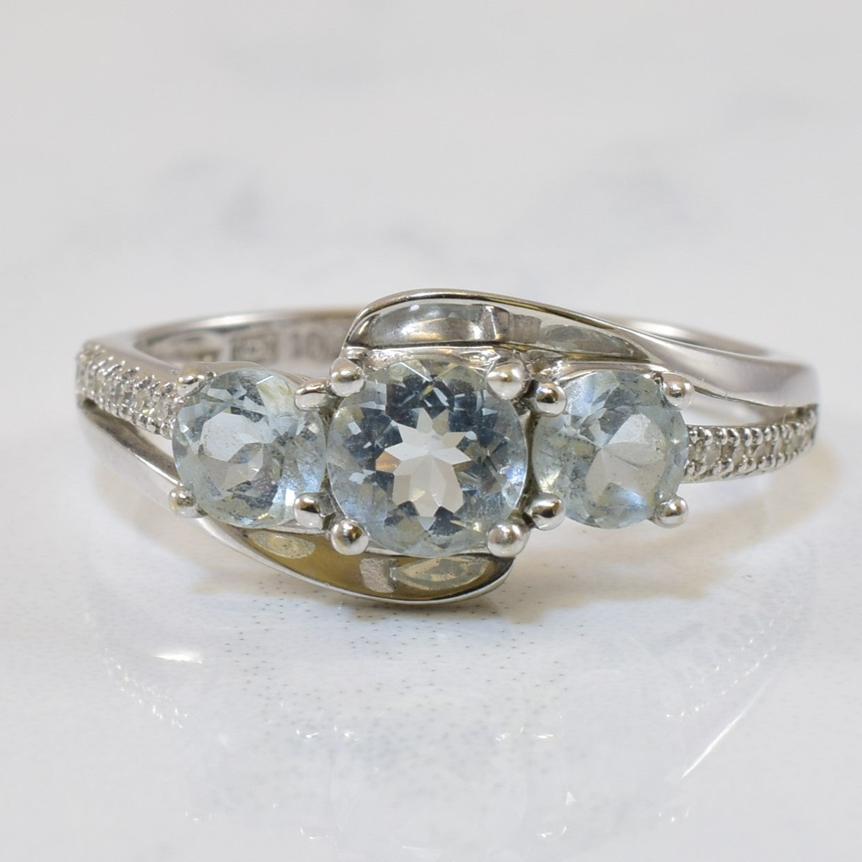 Three Stone Aquamarine & Diamond Bypass Ring | 0.90ctw, 0.06ctw | SZ 7 |