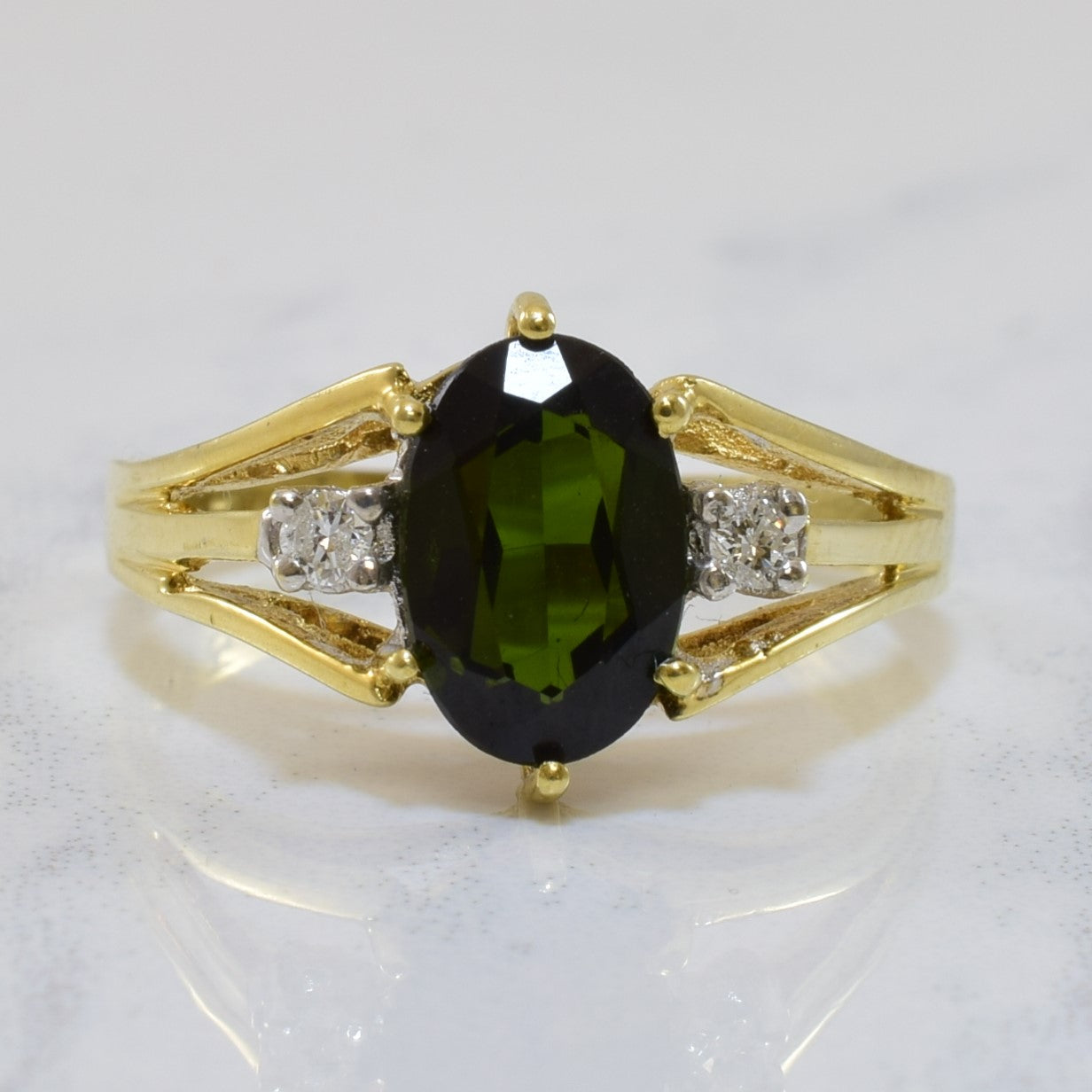 Green Tourmaline & Diamond Three Stone Ring | 1.40ct, 0.06ctw | SZ 6 |