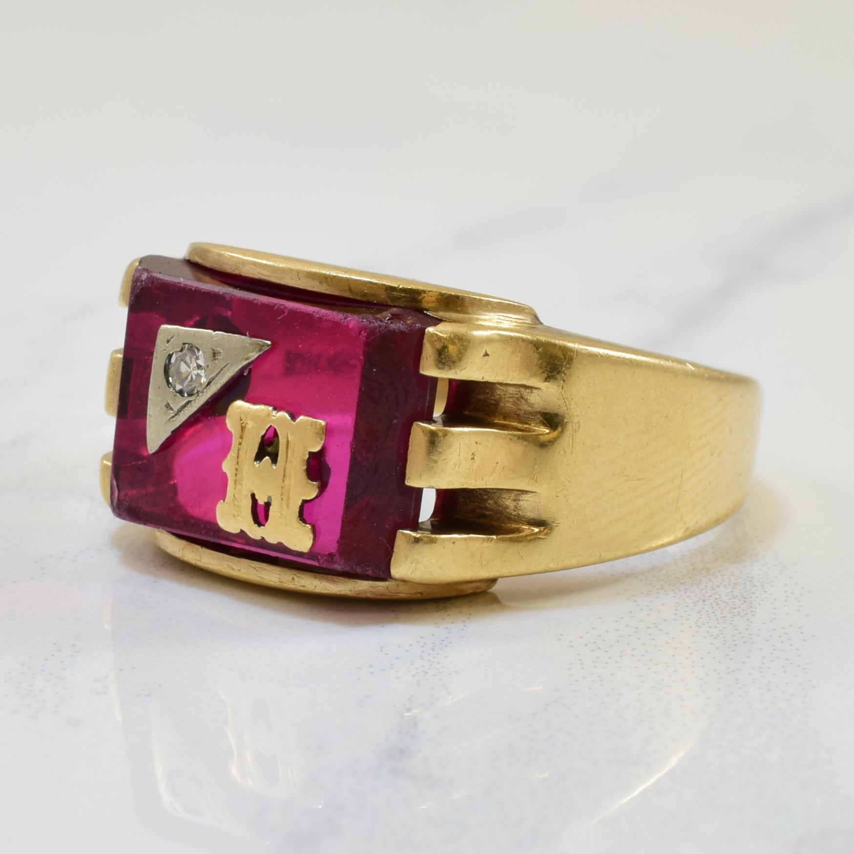 H' Initial Synthetic Ruby & Diamond Signet Ring | 7.50ct, 0.02ct | SZ 10 |
