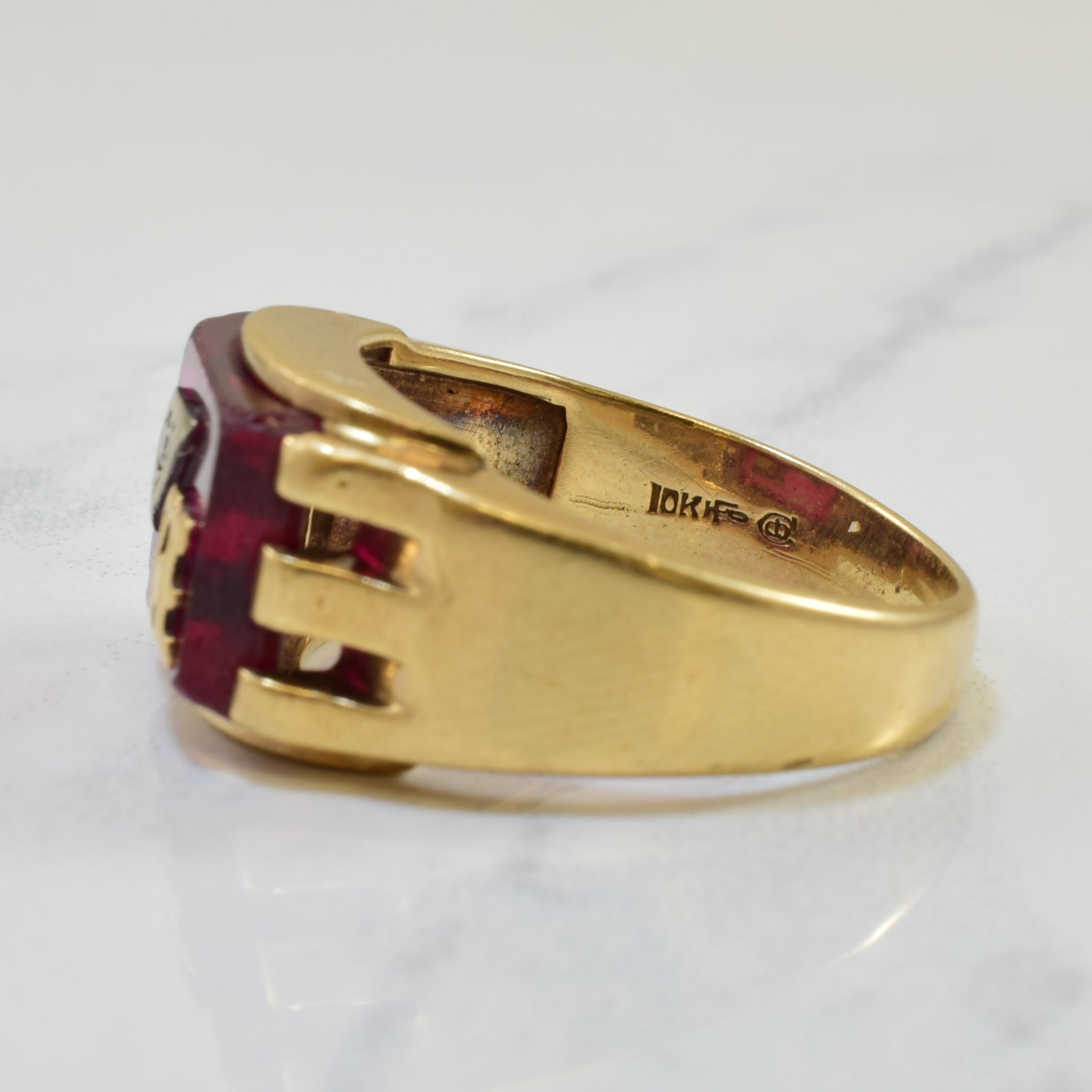 H' Initial Synthetic Ruby & Diamond Signet Ring | 7.50ct, 0.02ct | SZ 10 |