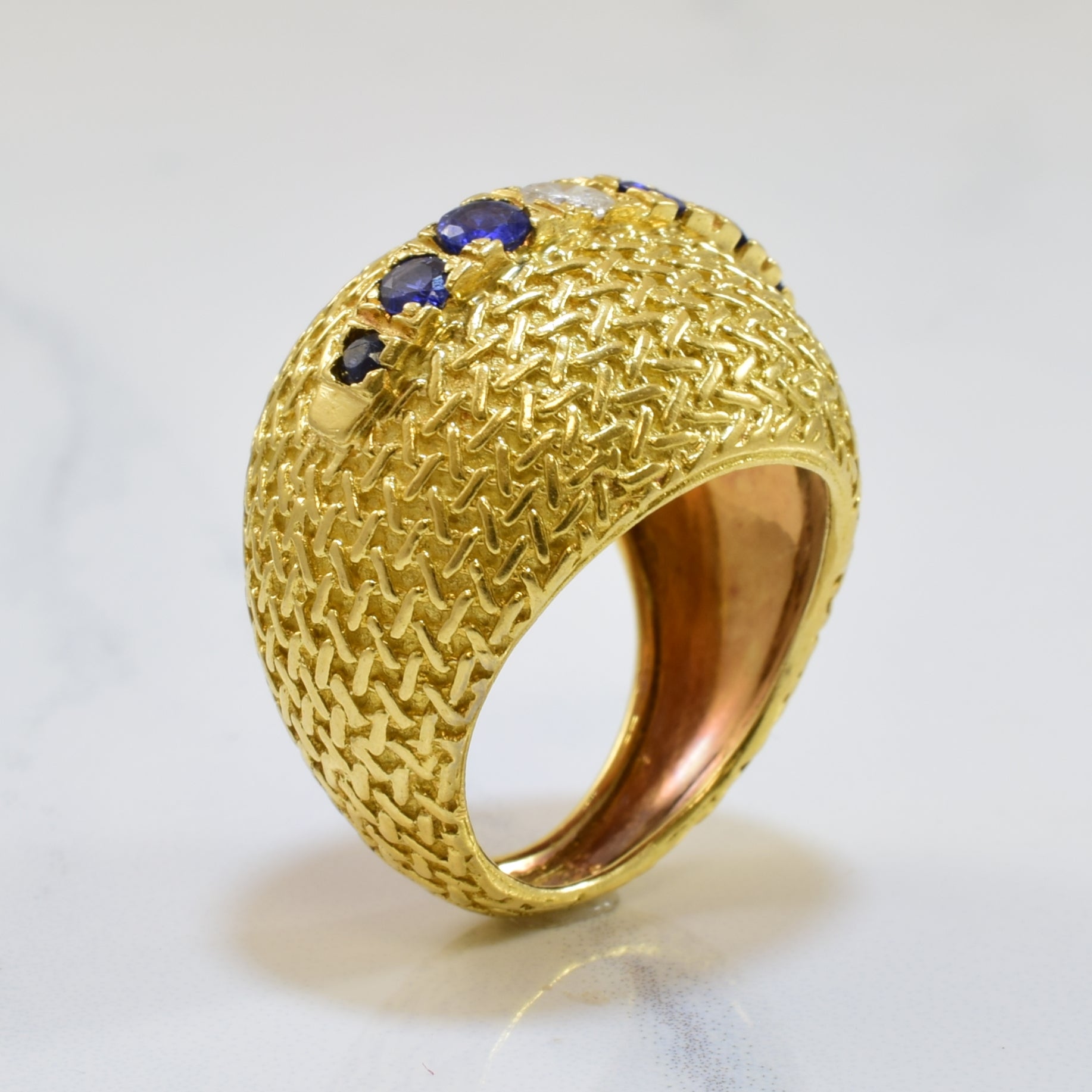 Blue Sapphire & Diamond Weave Textured Cocktail Ring | 0.48ctw, 0.16ct | SZ 6.5 |