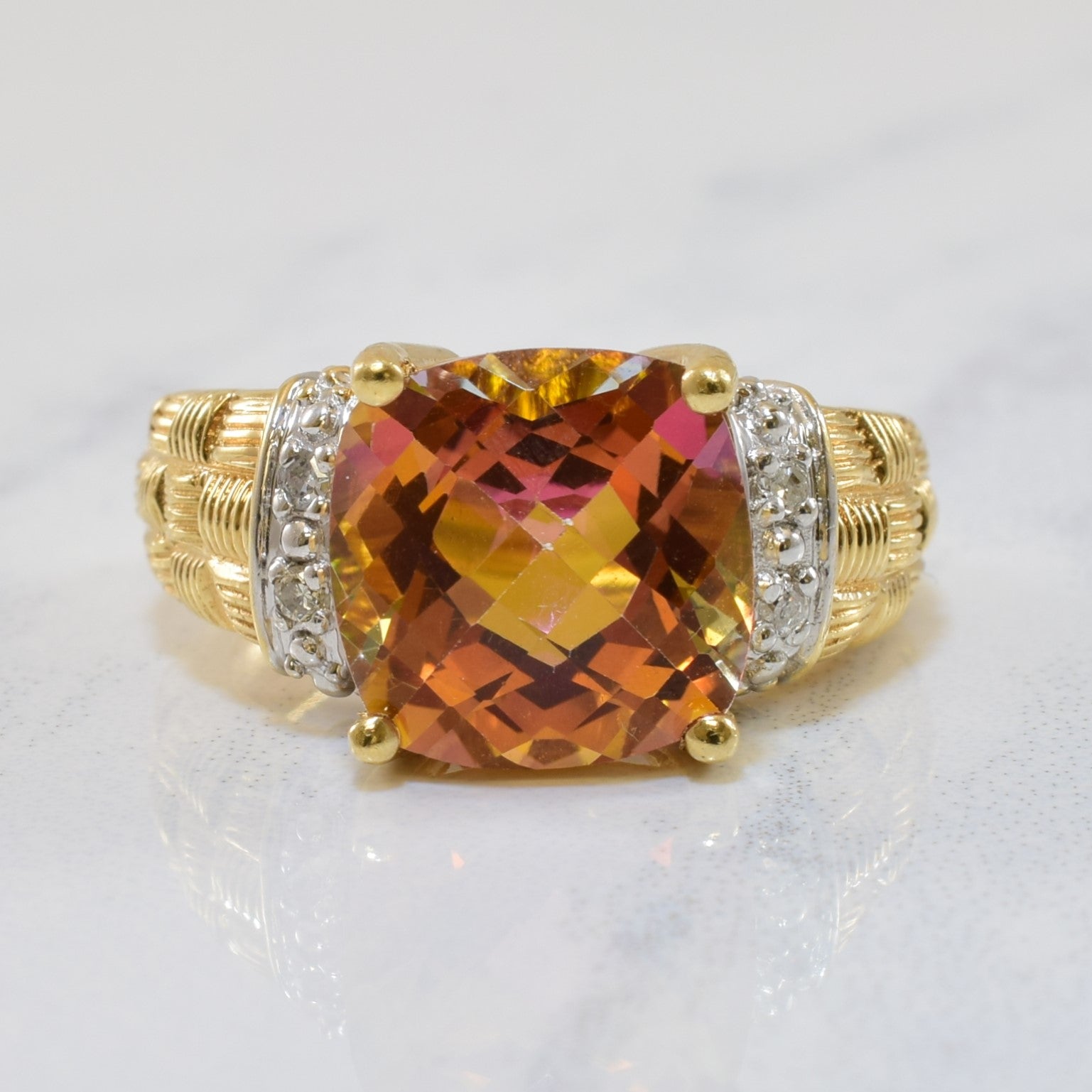 Sunset Mystic Topaz & Diamond Cocktail Ring | 7.00ct, 0.04ctw | SZ 4.25 |