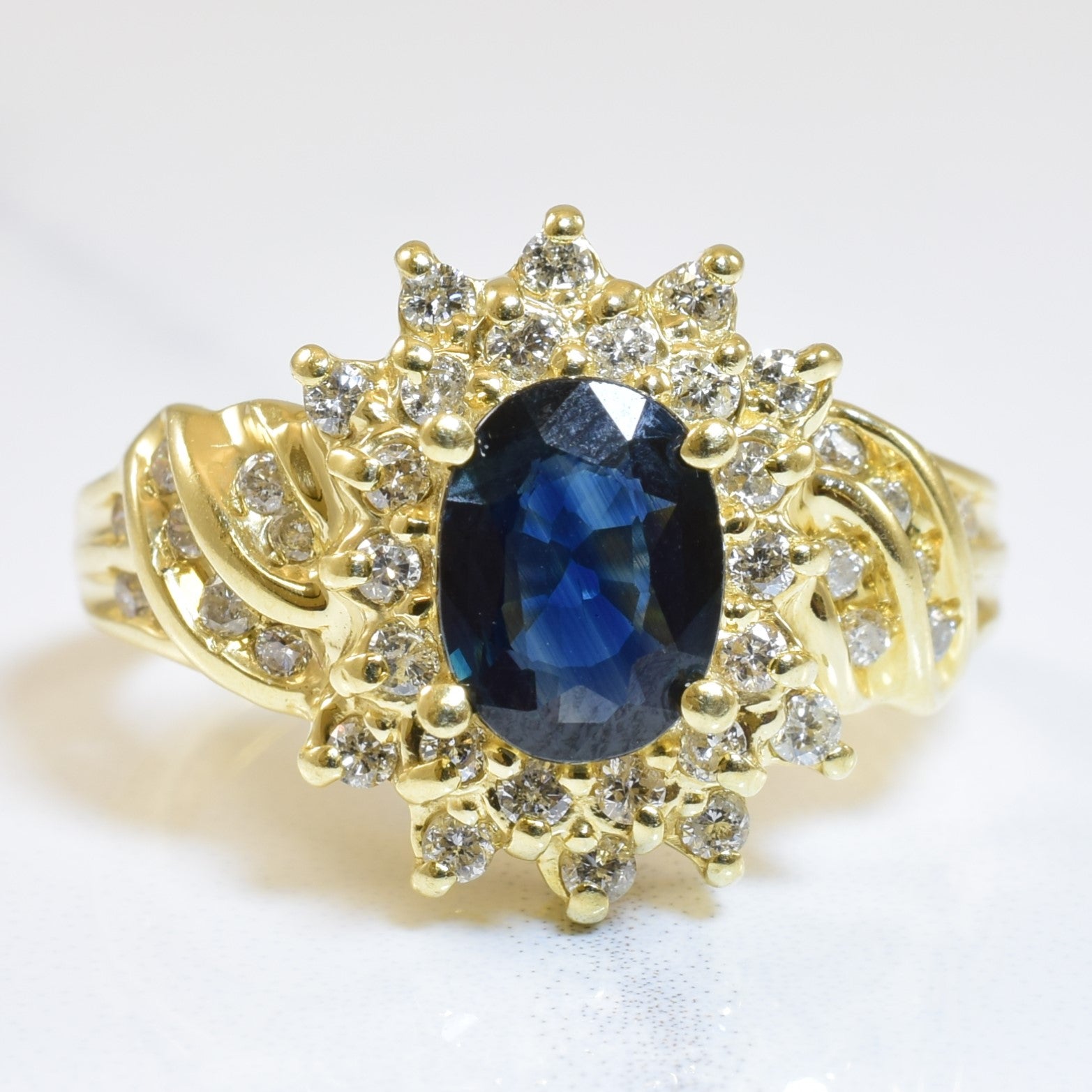 Blue Sapphire Diamond Bypass Halo Ring SZ