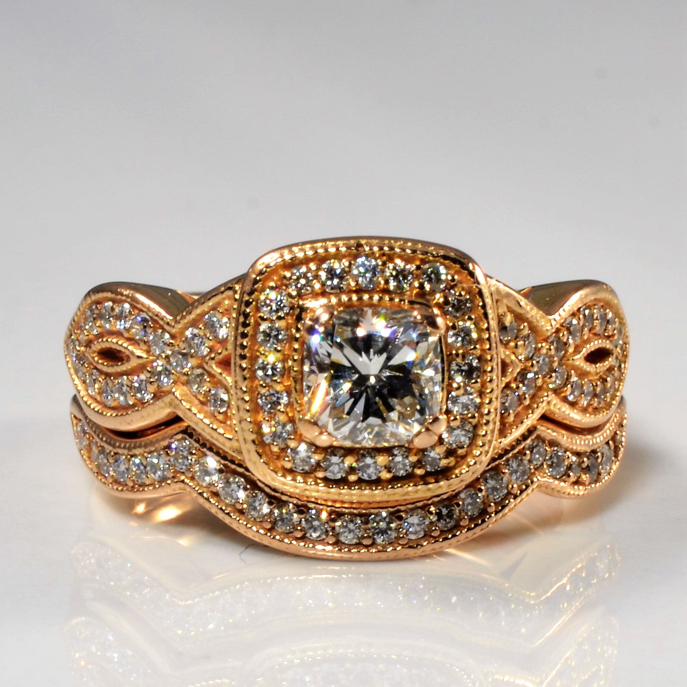 Milgrain Detailed Halo Diamond Wedding Set | 0.93ctw | SZ 5.25 |