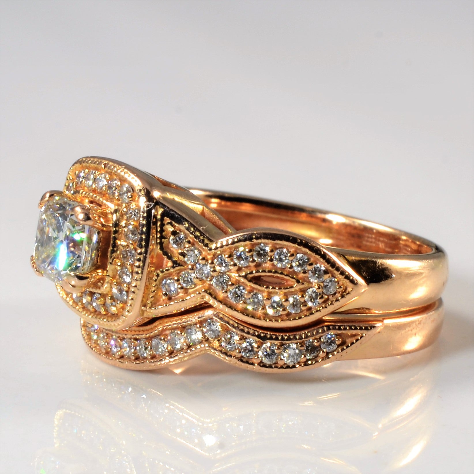 Milgrain Detailed Halo Diamond Wedding Set | 0.93ctw | SZ 5.25 |