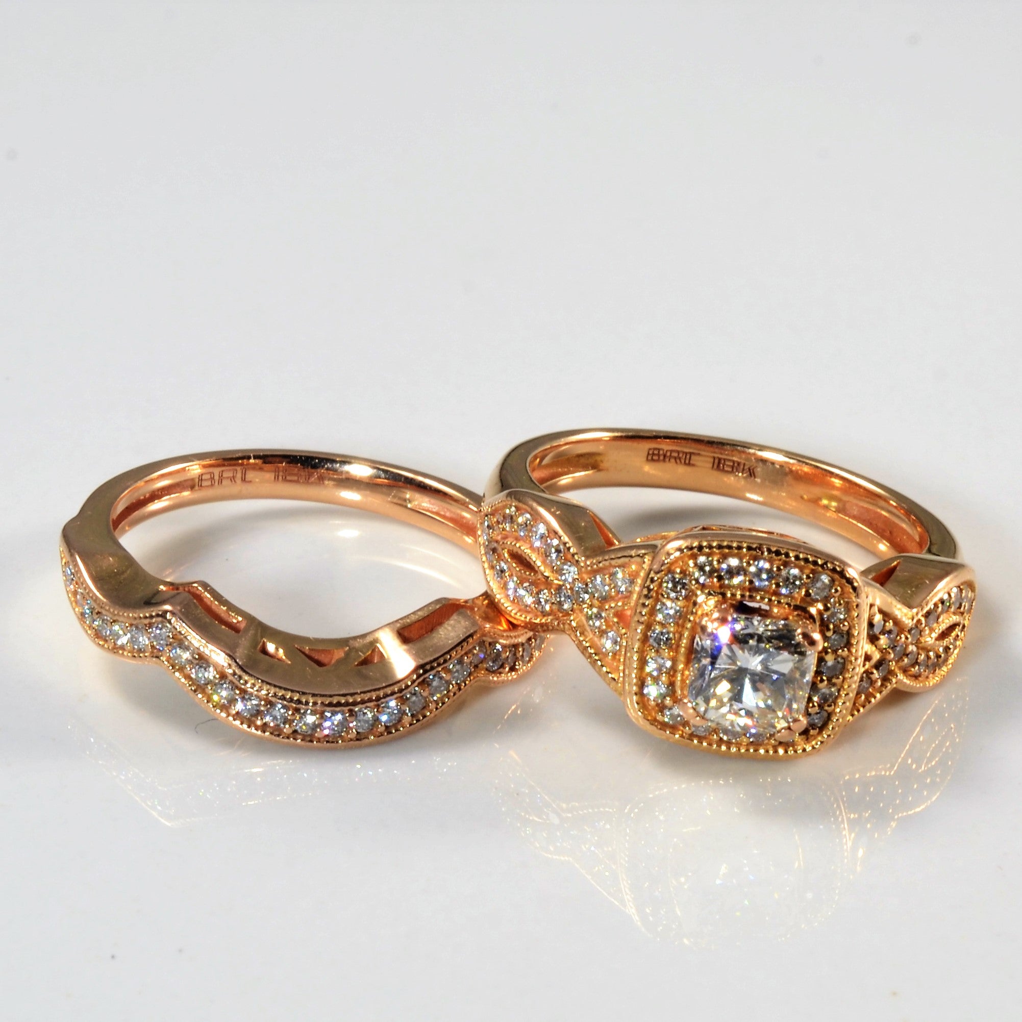 Milgrain Detailed Halo Diamond Wedding Set | 0.93ctw | SZ 5.25 |