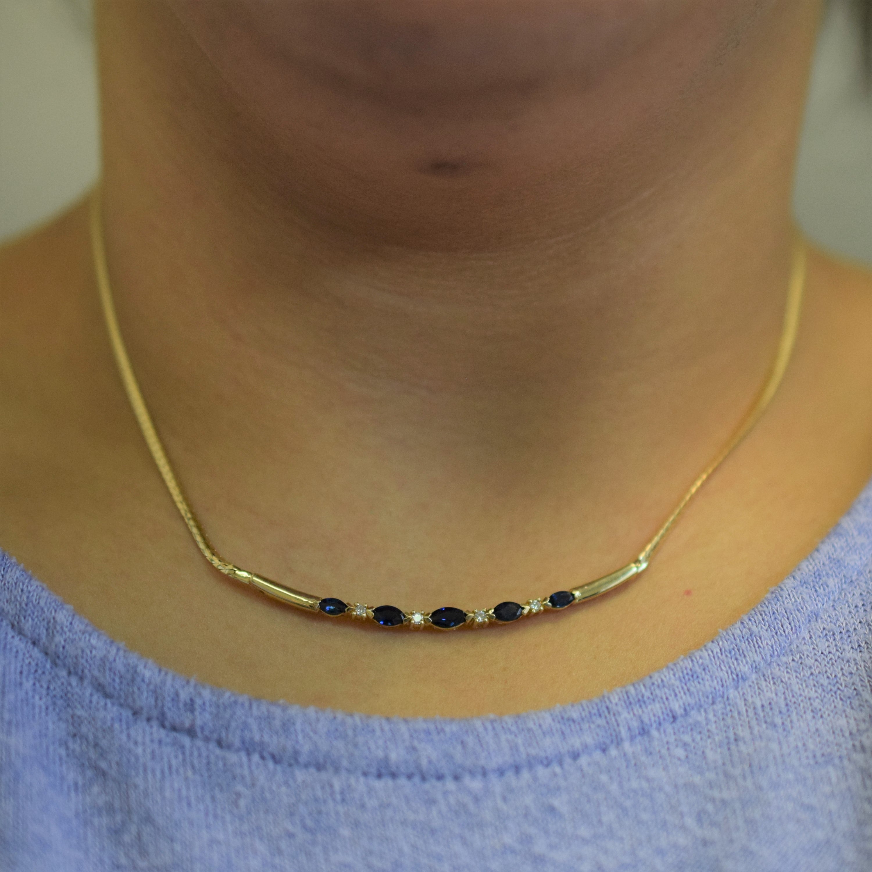 Marquise Sapphire & Diamond Bar Necklace | 0.75ctw, 0.08ctw | 16" |