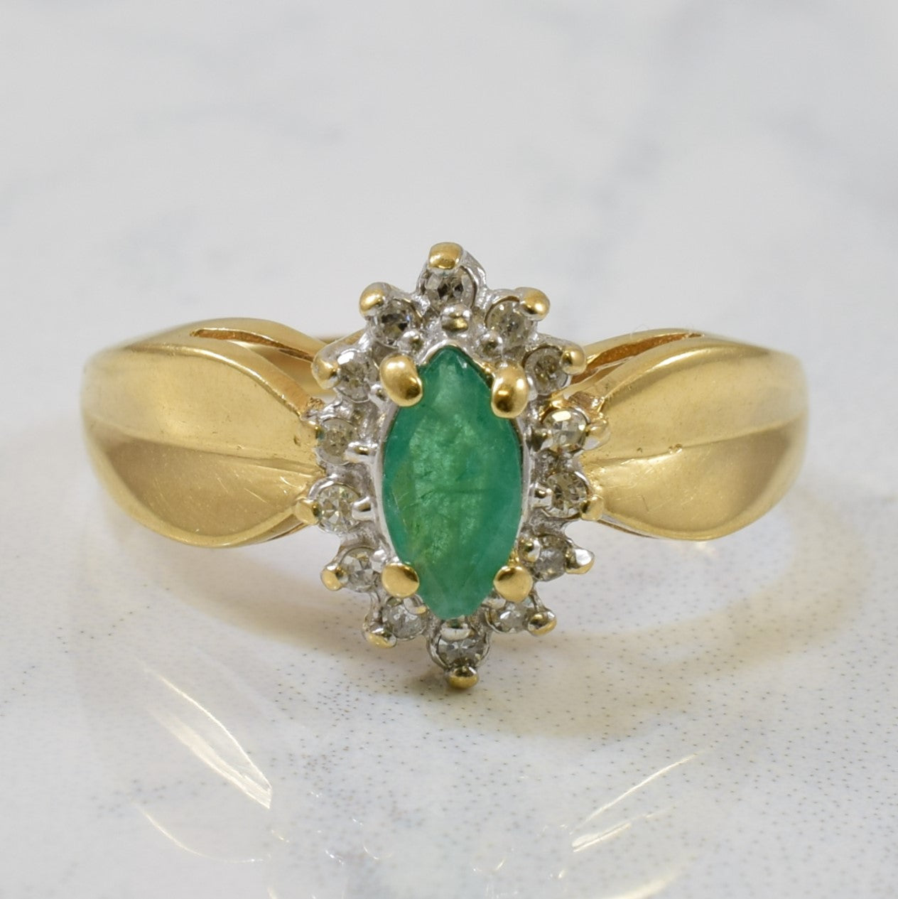Marquise Emerald & Single Cut Diamond Halo Ring | 0.30ct, 0.08ctw | SZ 7.5 |