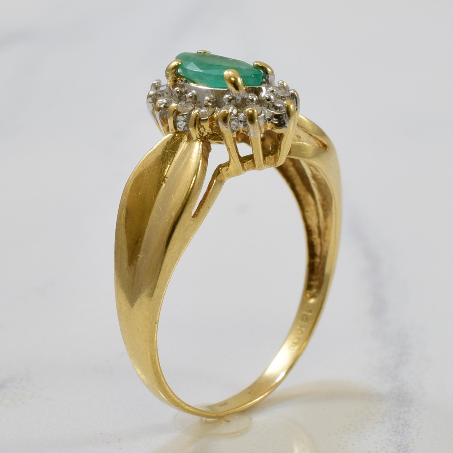 Marquise Emerald & Single Cut Diamond Halo Ring | 0.30ct, 0.08ctw | SZ 7.5 |