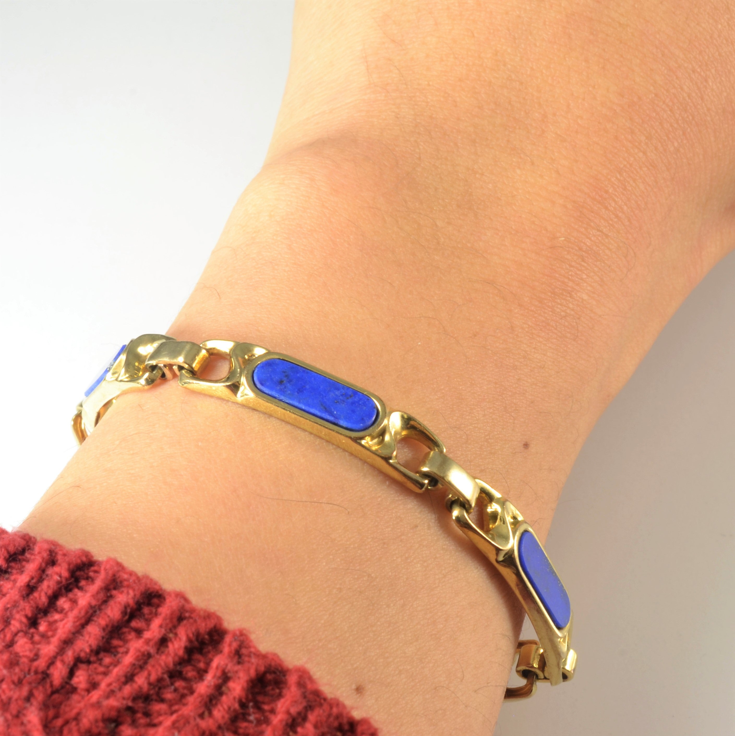 Bezel Set Lapis Inlay Gold Chain Bracelet | 4.50ctw | 7.5" |