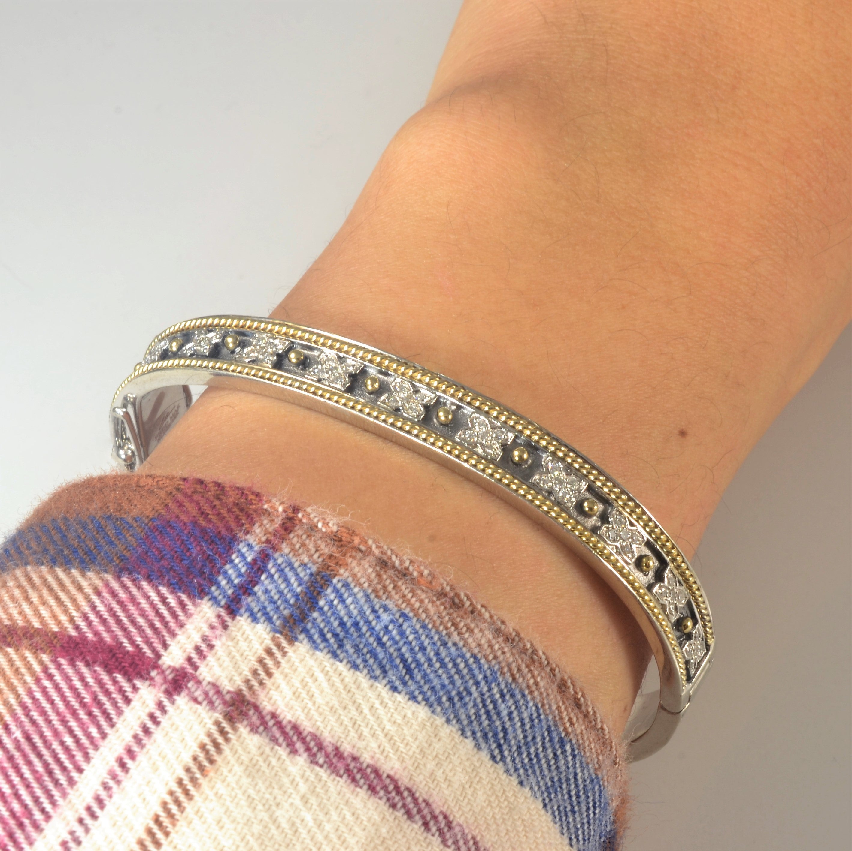 'Fred Mak' Sterling Silver & Yellow Gold Illusion Set Diamond Bangle | 0.69ctw | 7" |