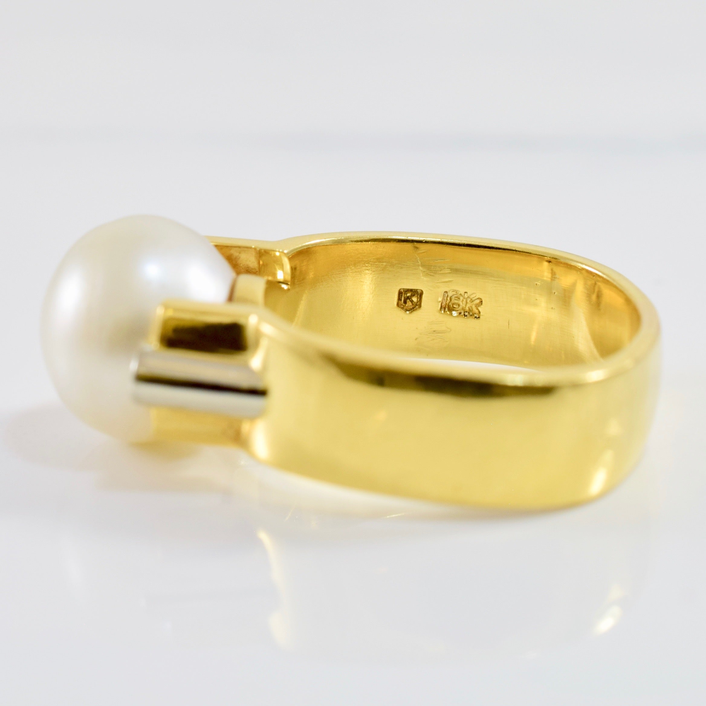 Half Bezel Set Pearl and Diamond Ring | 0.03 ctw SZ 7.75 |