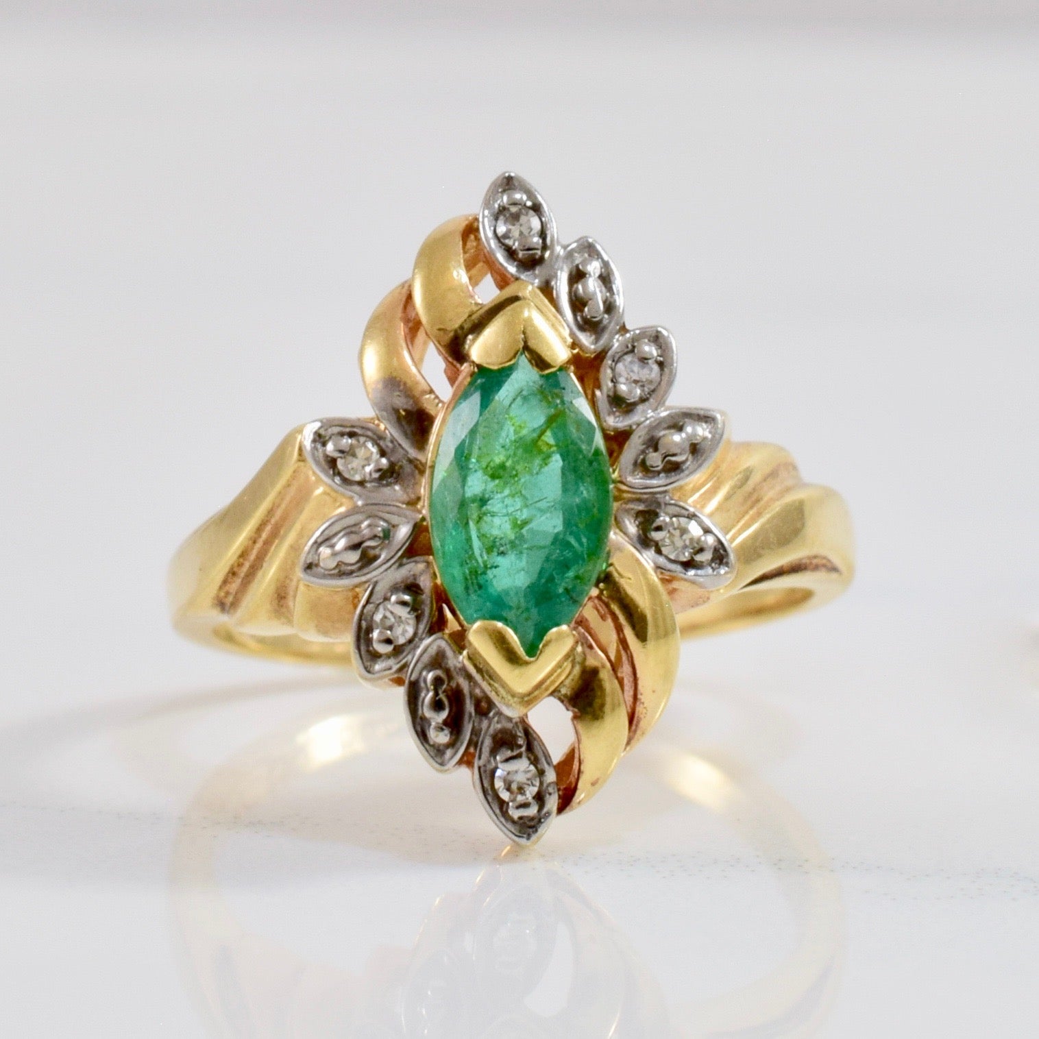 Floral Marquise Emerald and Diamond Ring | 0.03 ctw SZ 6 |