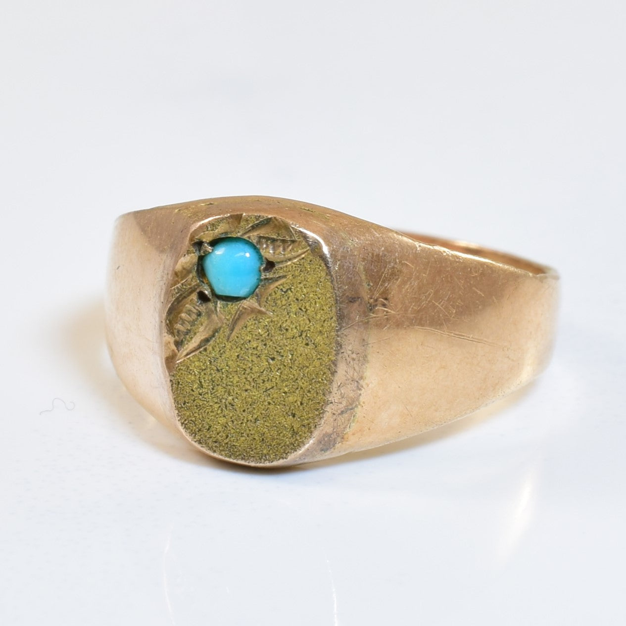 Mid Century Sparkle Finish Turquoise Signet Ring | 0.03ct | SZ 3.75 |