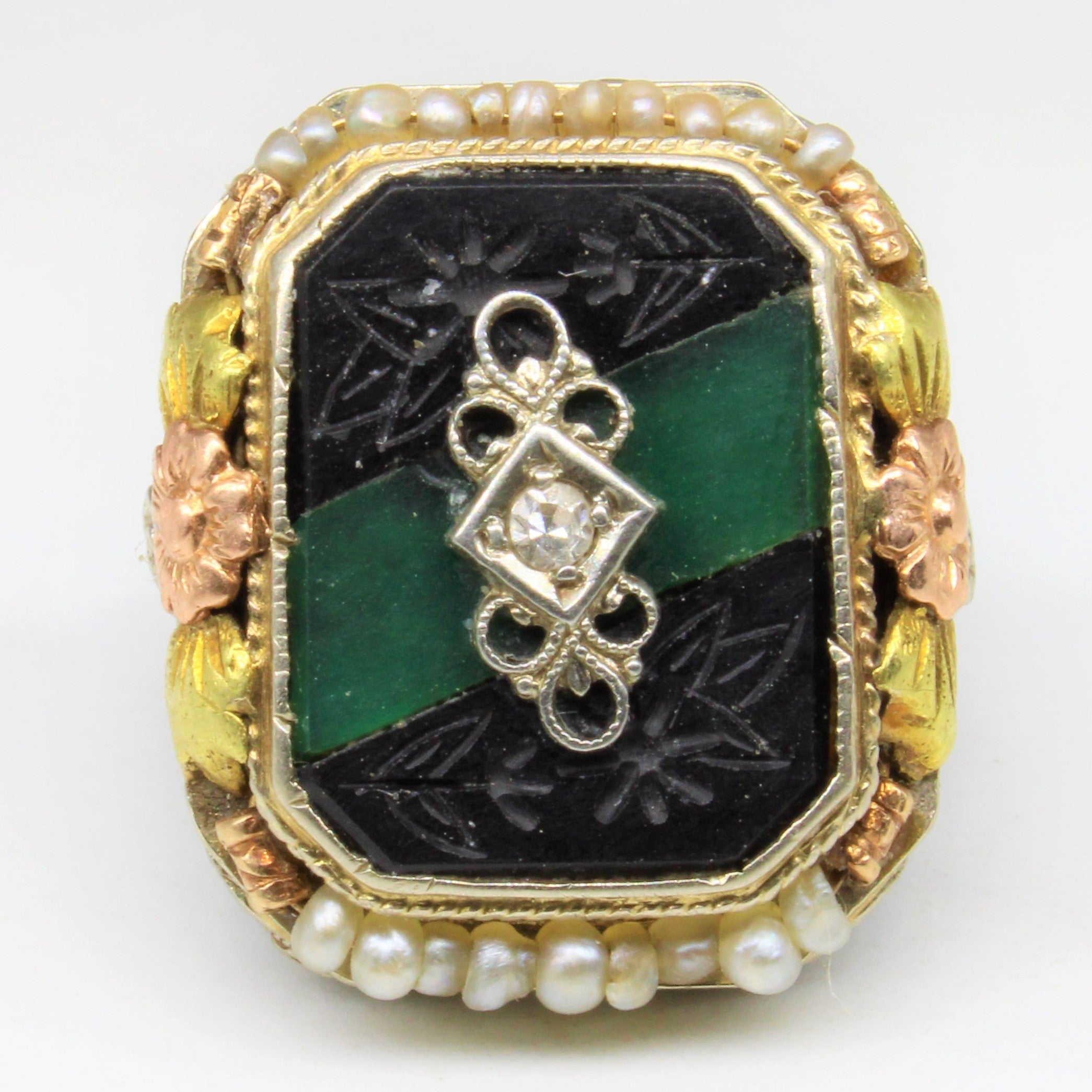 Pearl Detailed Onyx Agate Diamond Cocktail Ring | 0.02ctw | SZ 4.25 |