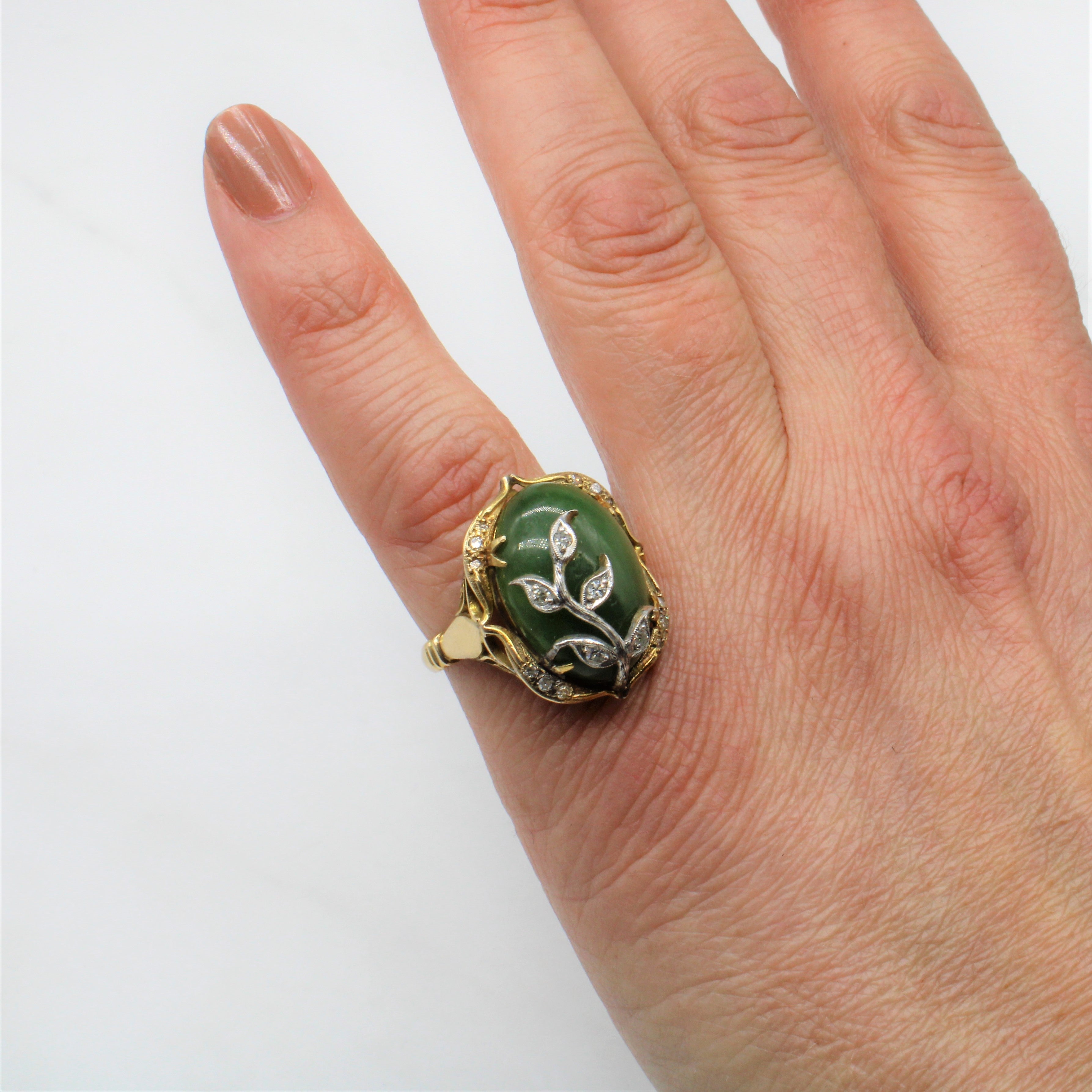 Art Nouveau Serpentine & Diamond Cocktail Ring | 8.80ct, 0.11ctw | SZ 6.5 |