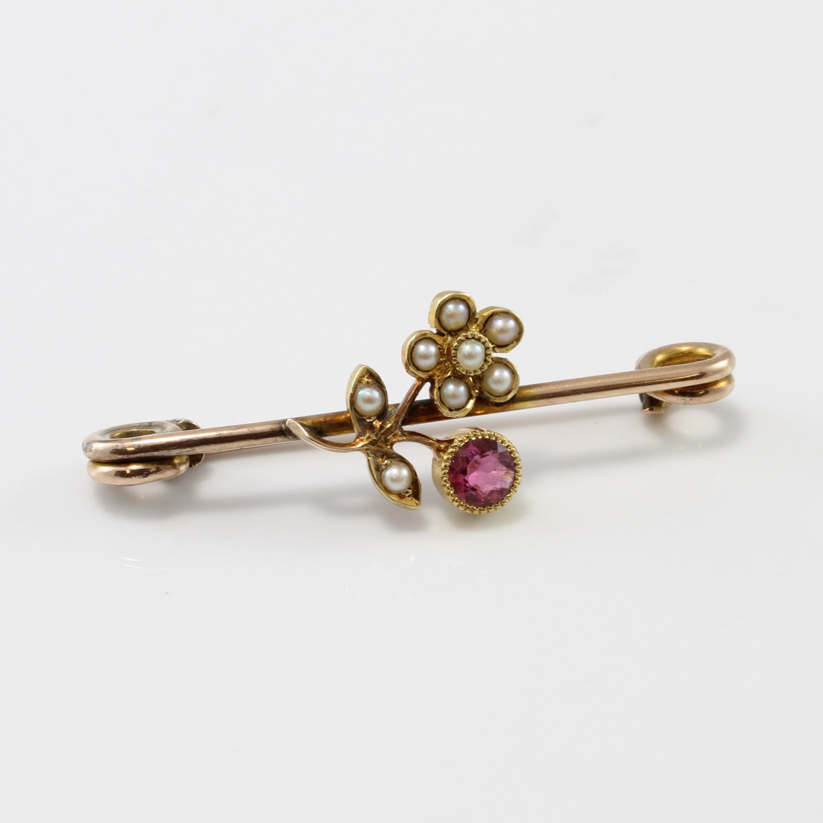 R. Stewart' Victorian Era Floral Tourmaline & Seed Pearl Brooch