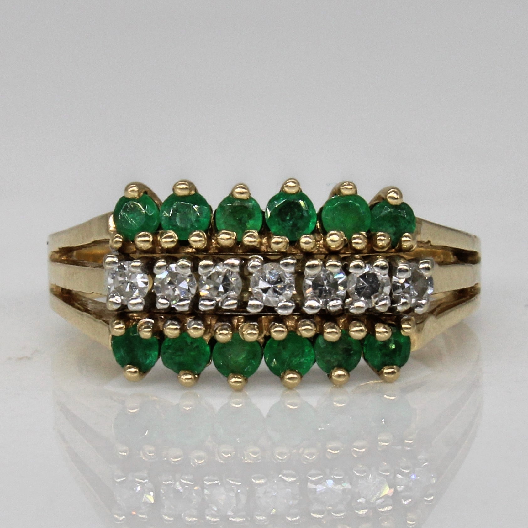 Triple Row Emerald & Diamond Ring | 0.36ctw, 0.17ctw | SZ 6.5 |