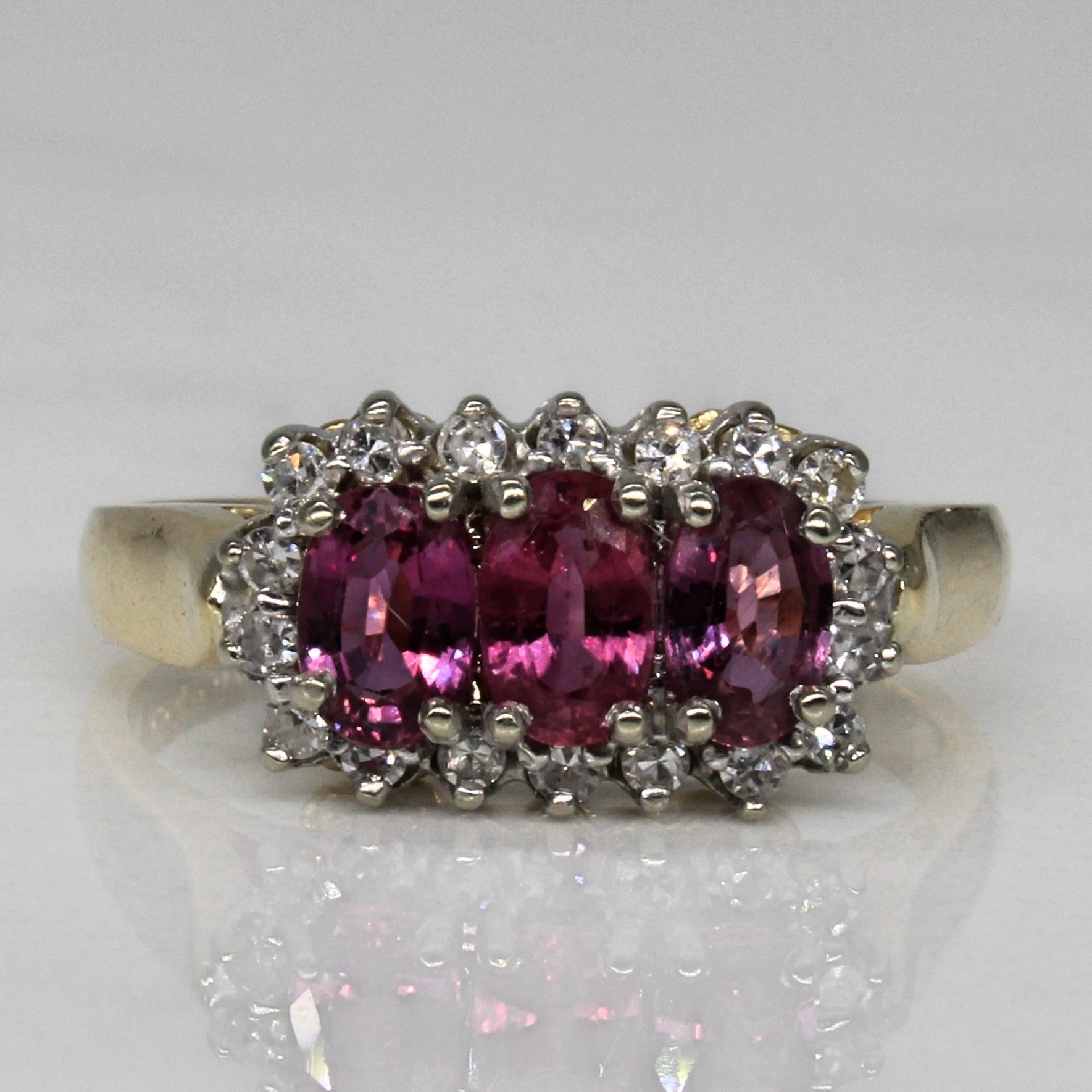 Ruby & Diamond Three Stone Halo Ring | 0.90ctw, 0.15ctw | SZ 6.25 |