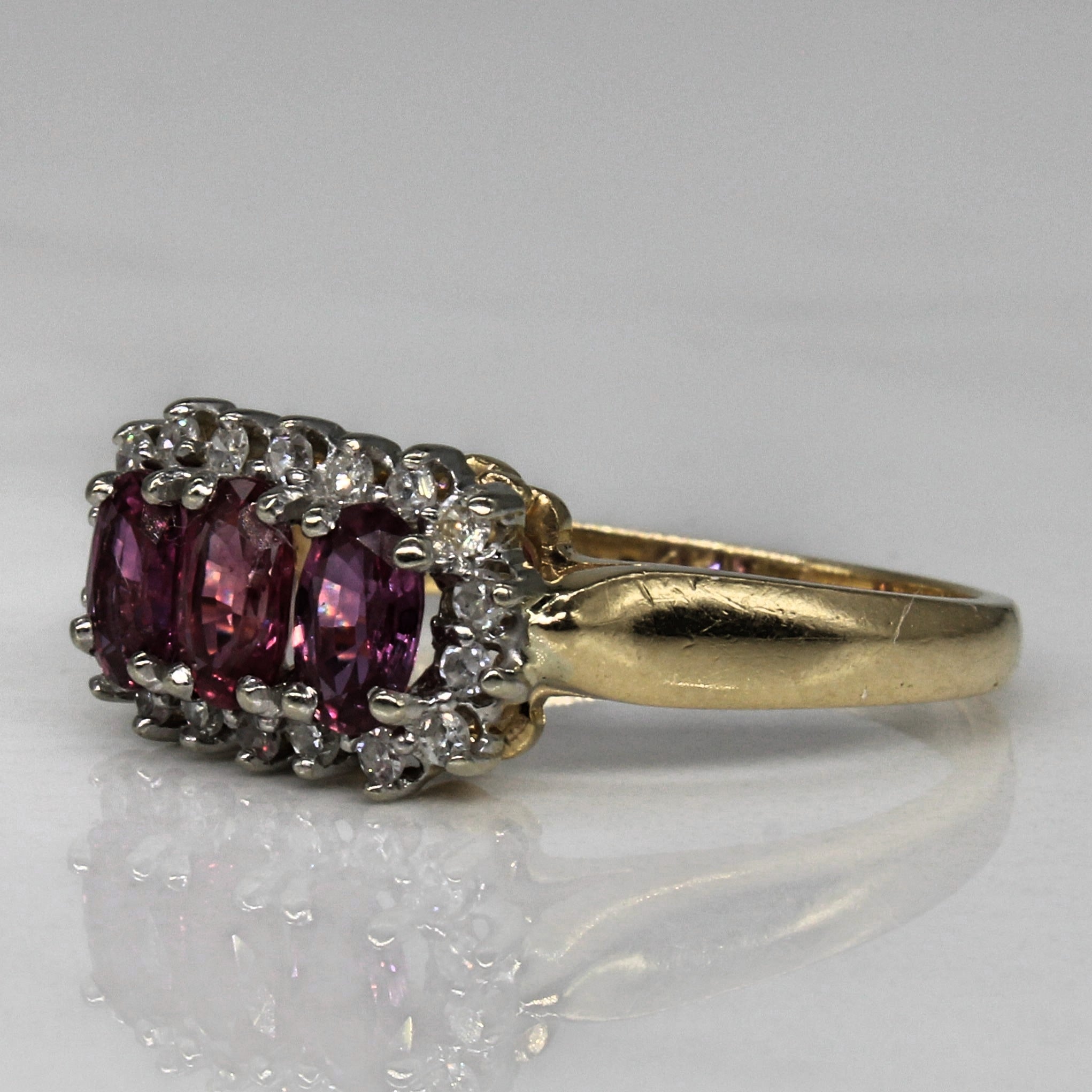 Ruby & Diamond Three Stone Halo Ring | 0.90ctw, 0.15ctw | SZ 6.25 |