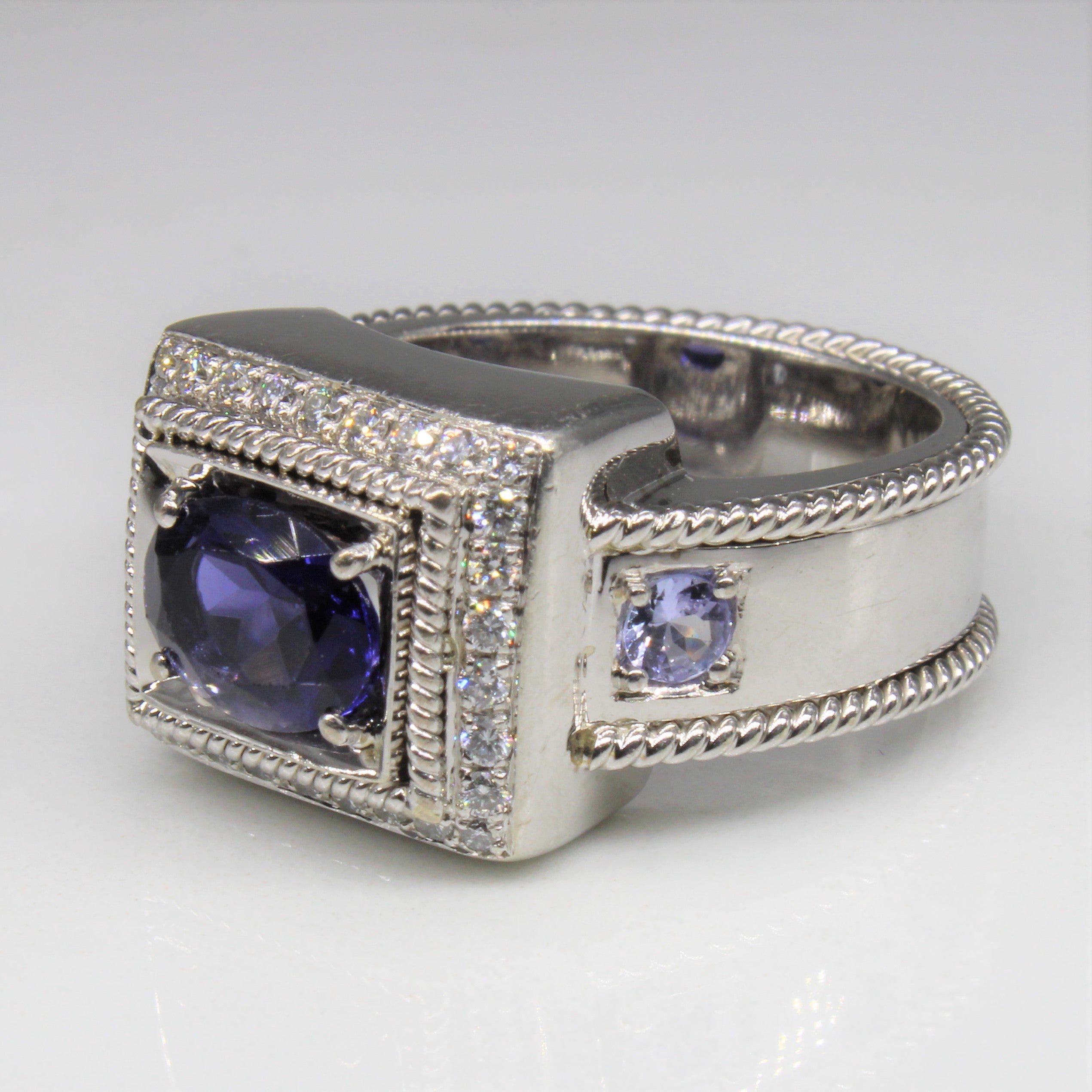 Iolite & Tanzanite Diamond Halo Ring | 1.00ct, 0.28ctw, 0.20ctw | SZ 6.5 |