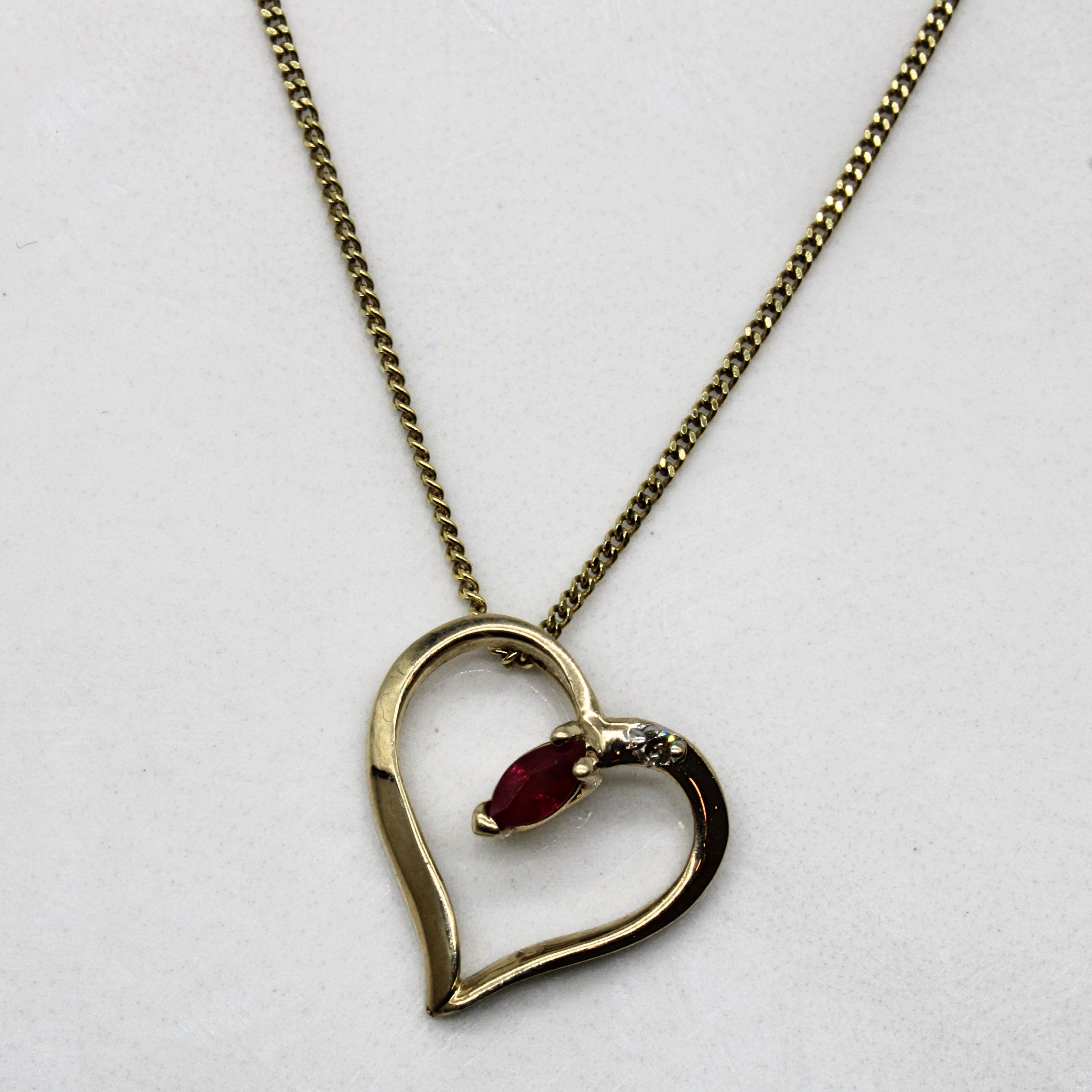 Synthetic Ruby & Diamond Heart Necklace | 0.07ct, 0.01ct | 14" |