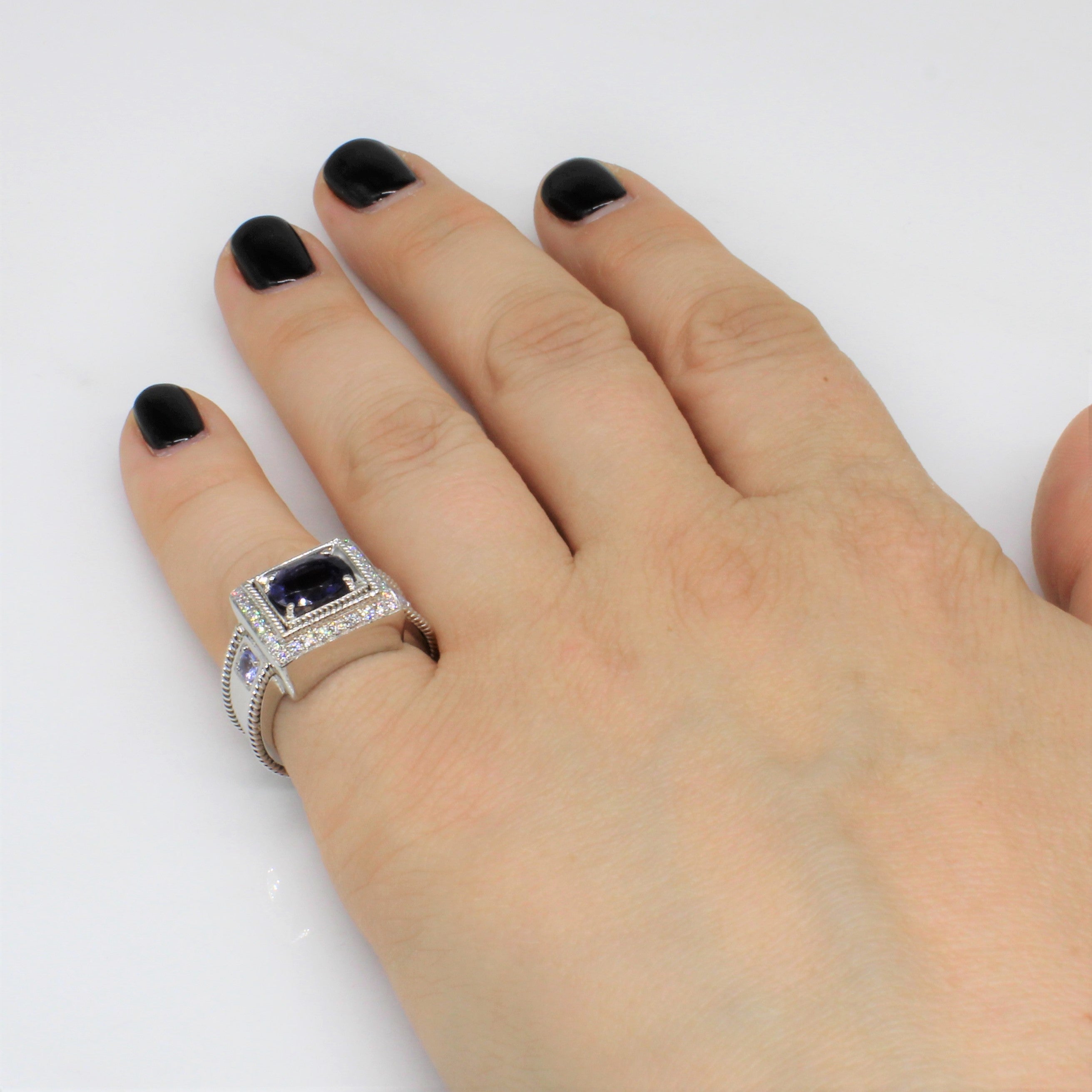 Iolite & Tanzanite Diamond Halo Ring | 1.00ct, 0.28ctw, 0.20ctw | SZ 6.5 |