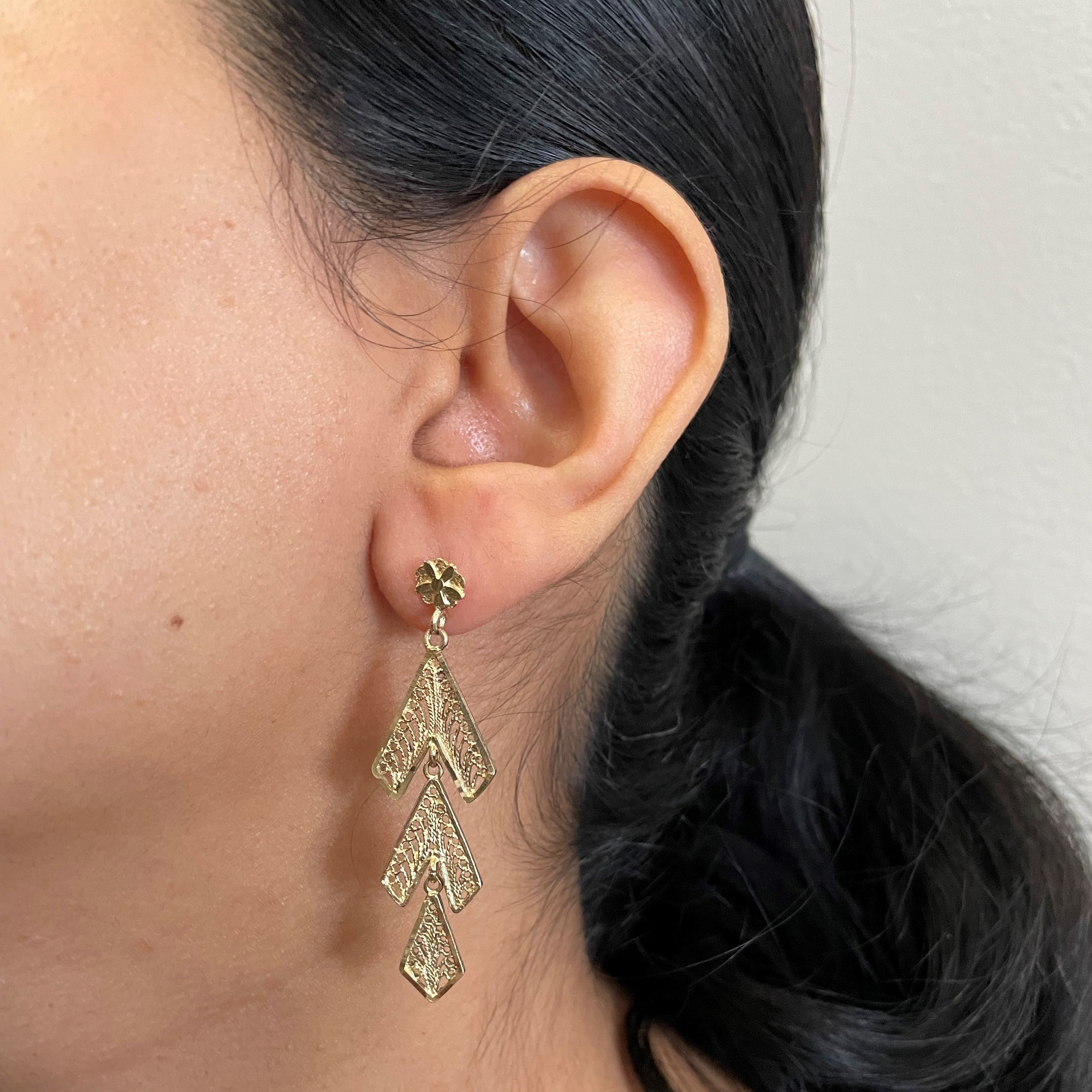 Gold Filigree Drop Stud Earrings |