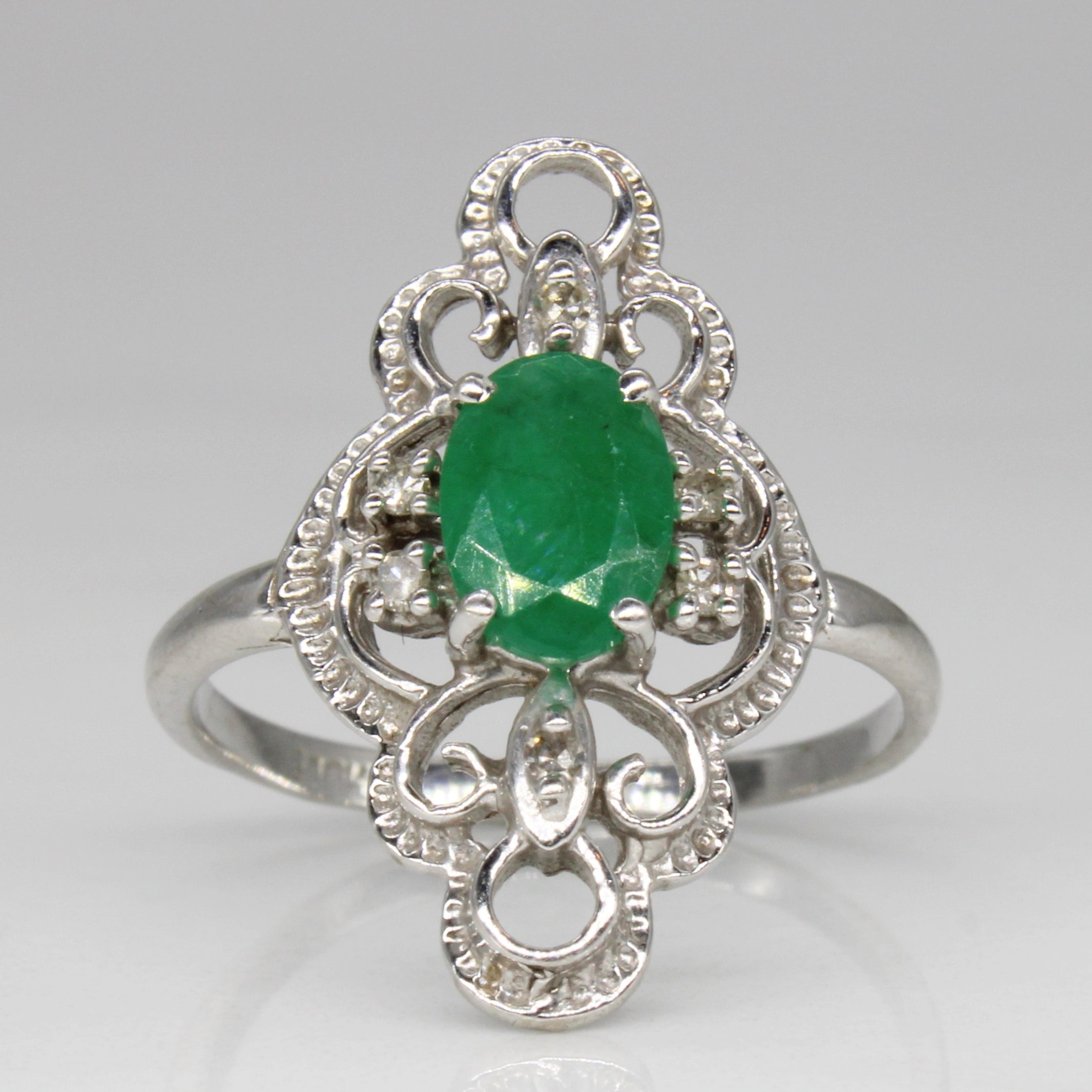Ornate Emerald & Diamond Ring | 0.65ct, 0.03ctw | SZ 6.25 |