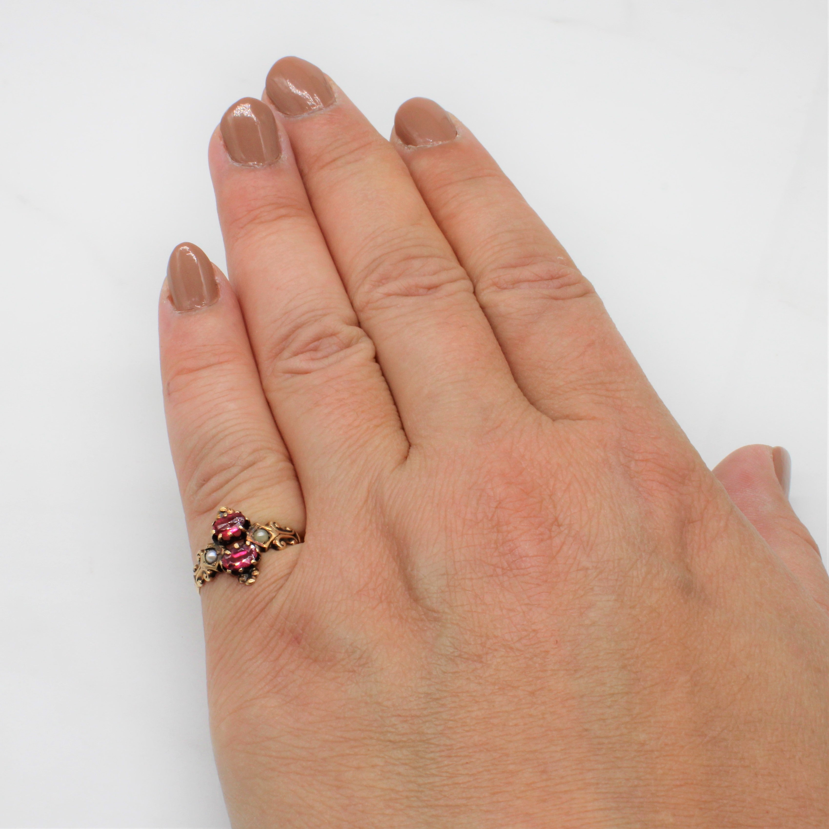 Early Victorian Red Glass & Seed Pearl Ring | SZ 7 |