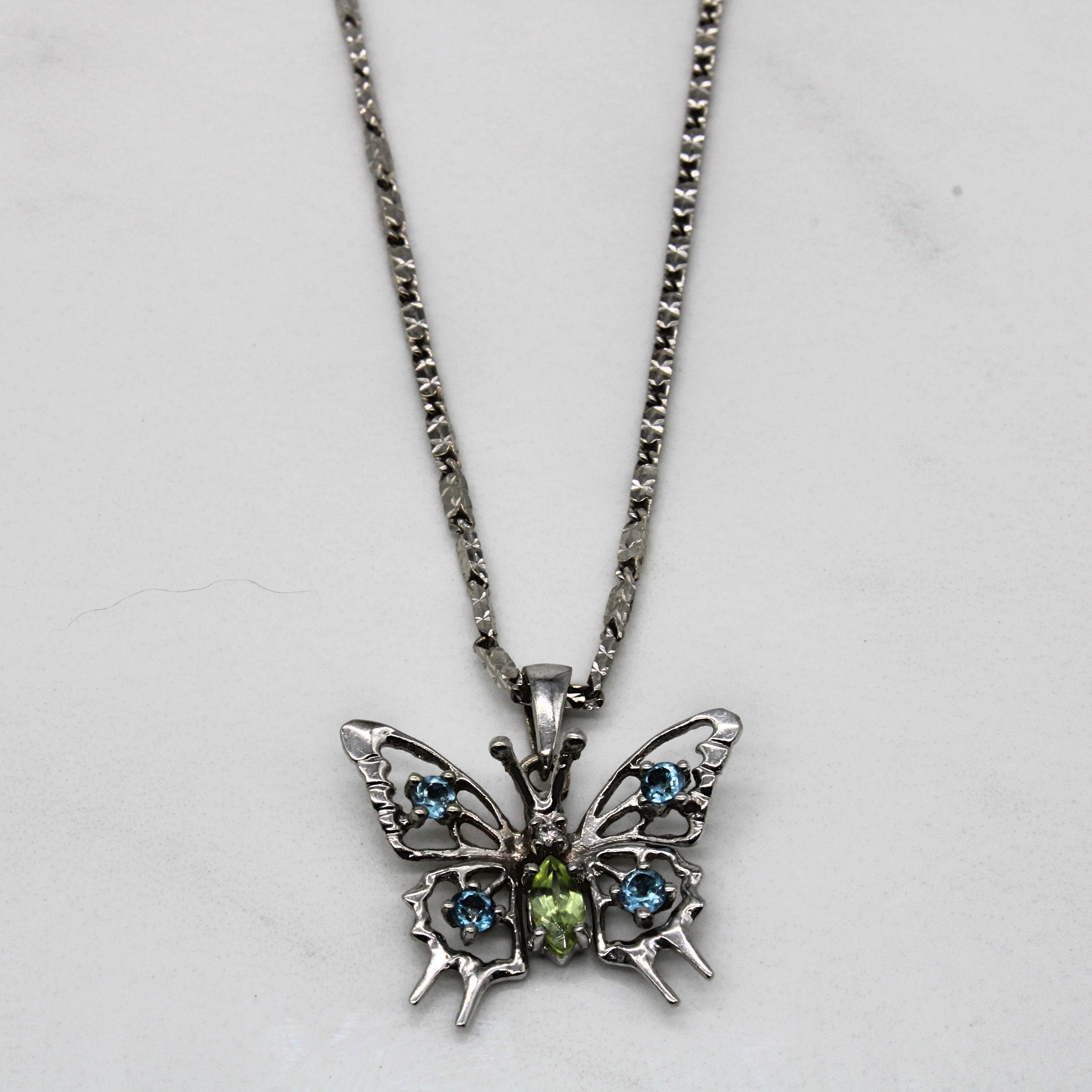 Peridot & Aquamarine Butterfly Pendant & Necklace | 0.20ct, 0.20ctw | 20" |