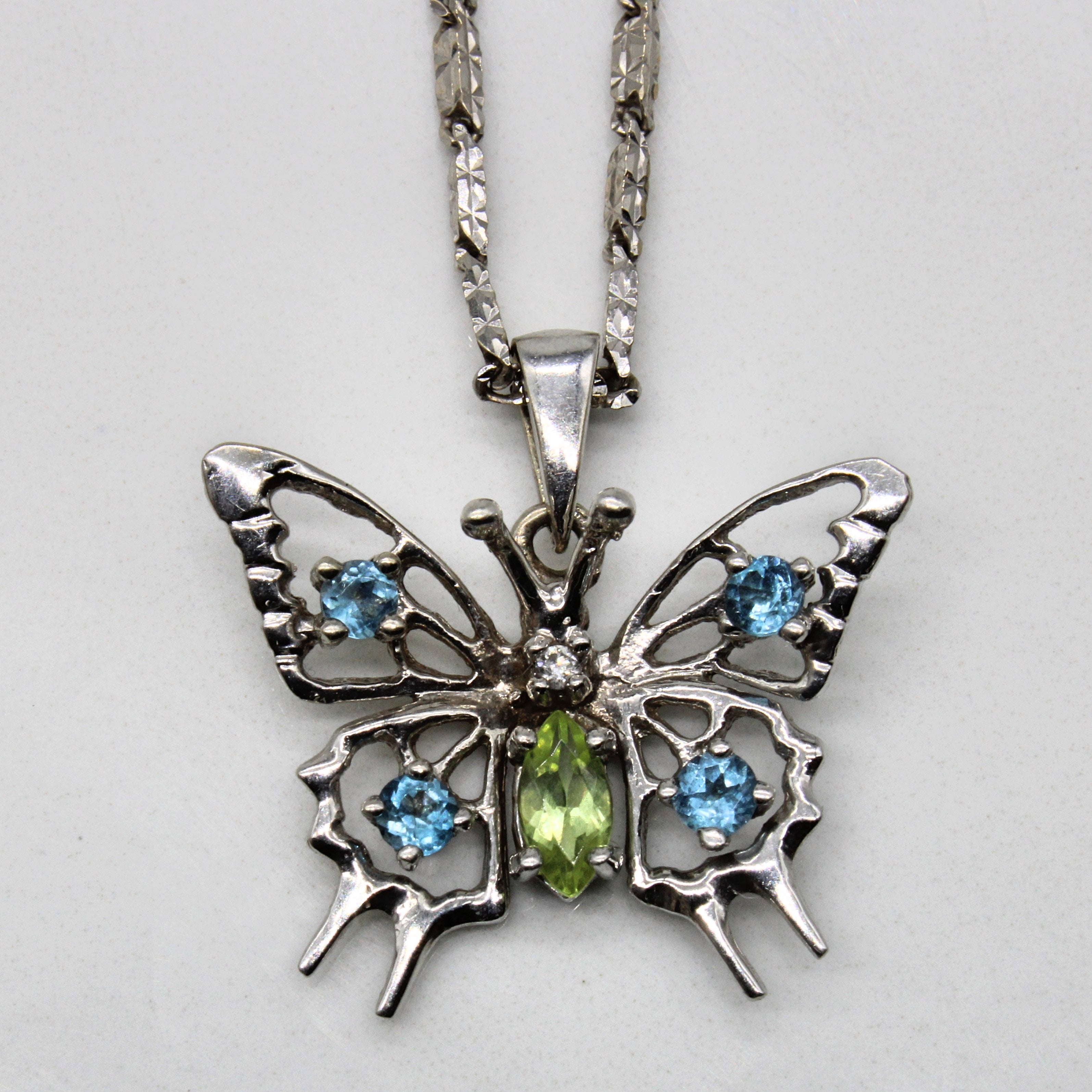 Peridot & Aquamarine Butterfly Pendant & Necklace | 0.20ct, 0.20ctw | 20" |