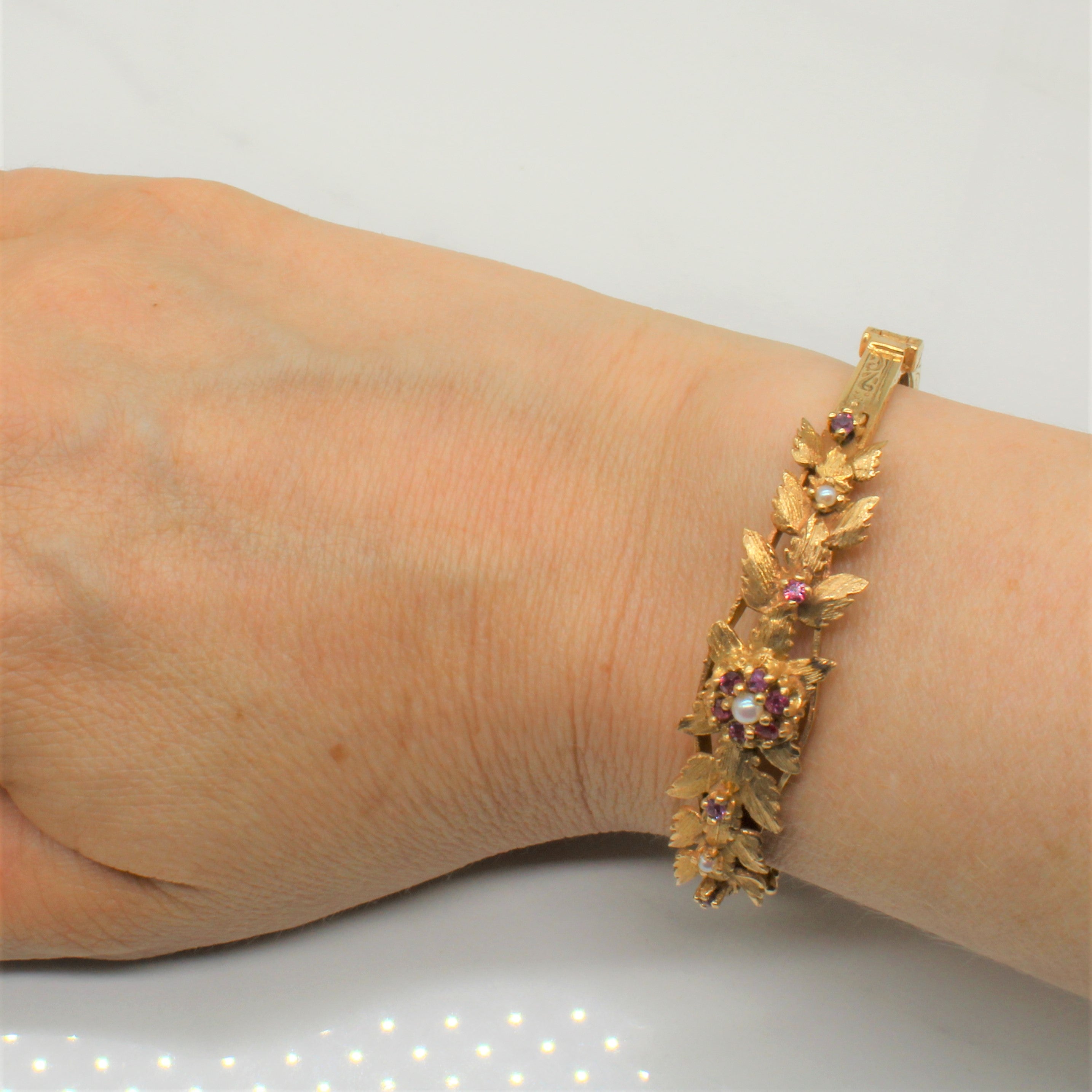 Ruby & Seed Pearl Floral Leafy Bangle | 0.36ctw | 6" |