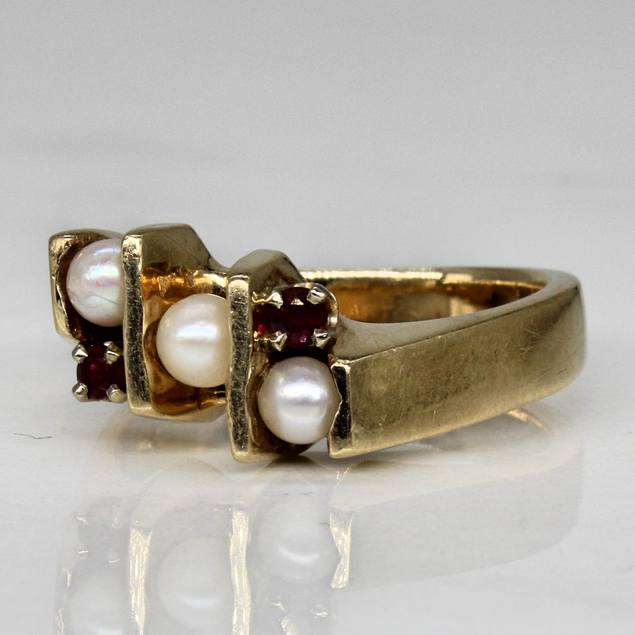 Pearl & Synthetic Ruby Abstract Ring | 0.07ctw | SZ 7.5 |