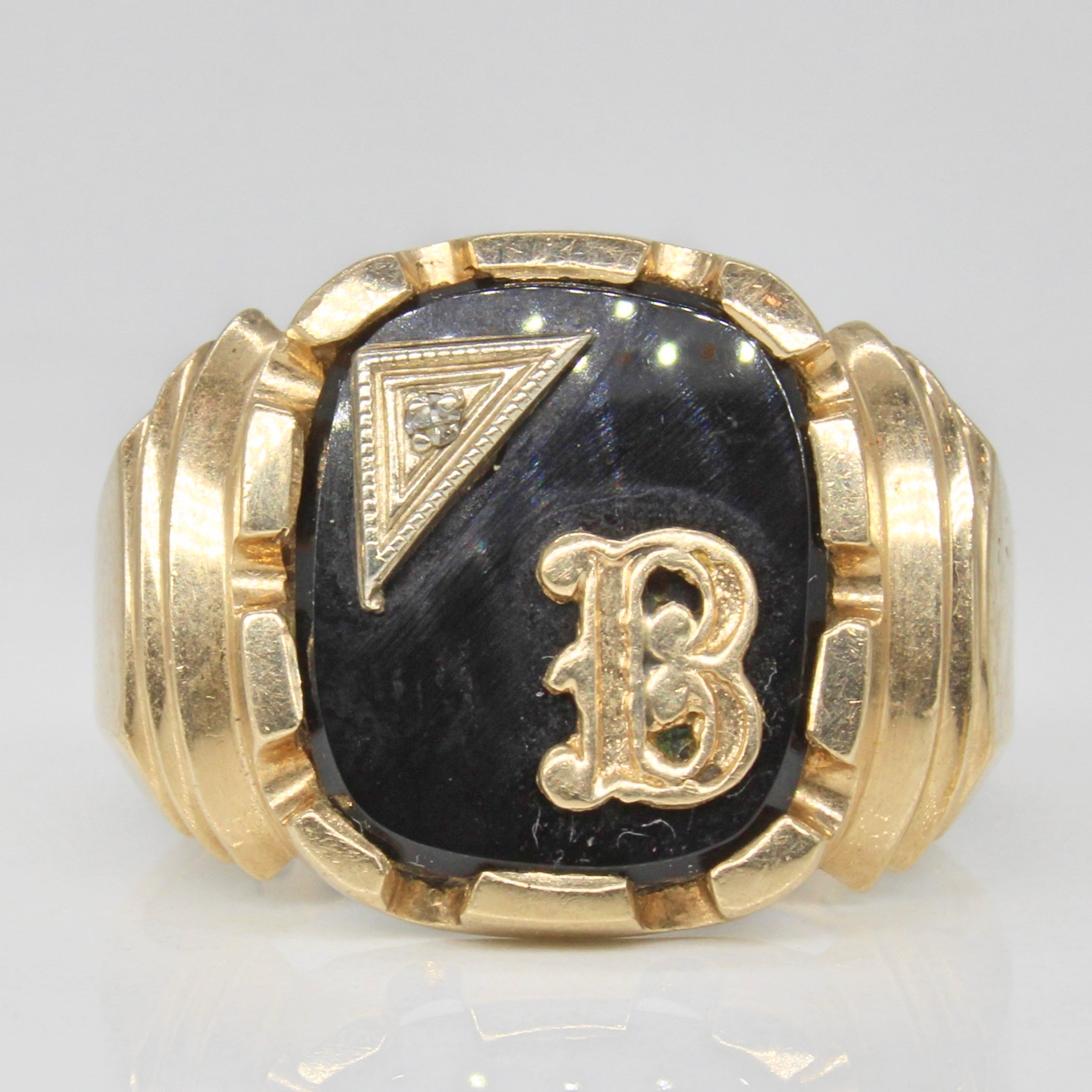 Bague initiale « B » en onyx et diamants | 2,60 ct, 0,01 ct | Taille 8,5 |
