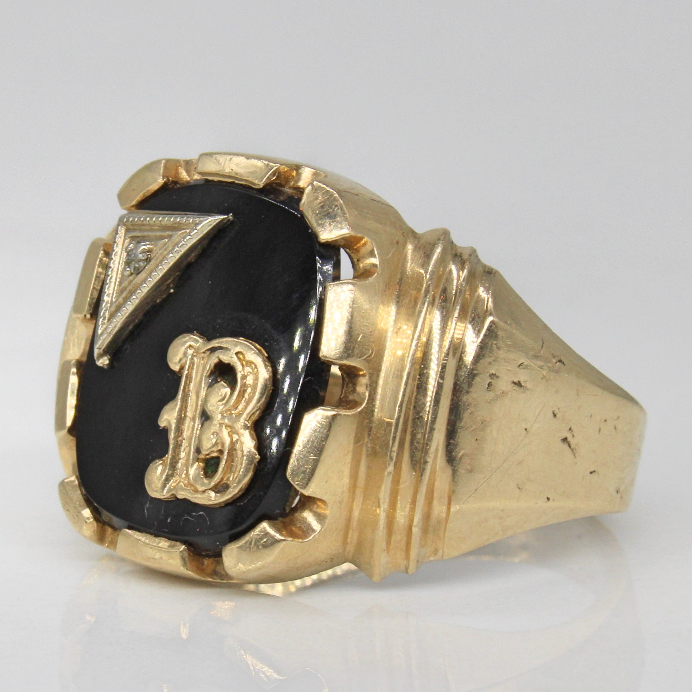 Bague initiale « B » en onyx et diamants | 2,60 ct, 0,01 ct | Taille 8,5 |