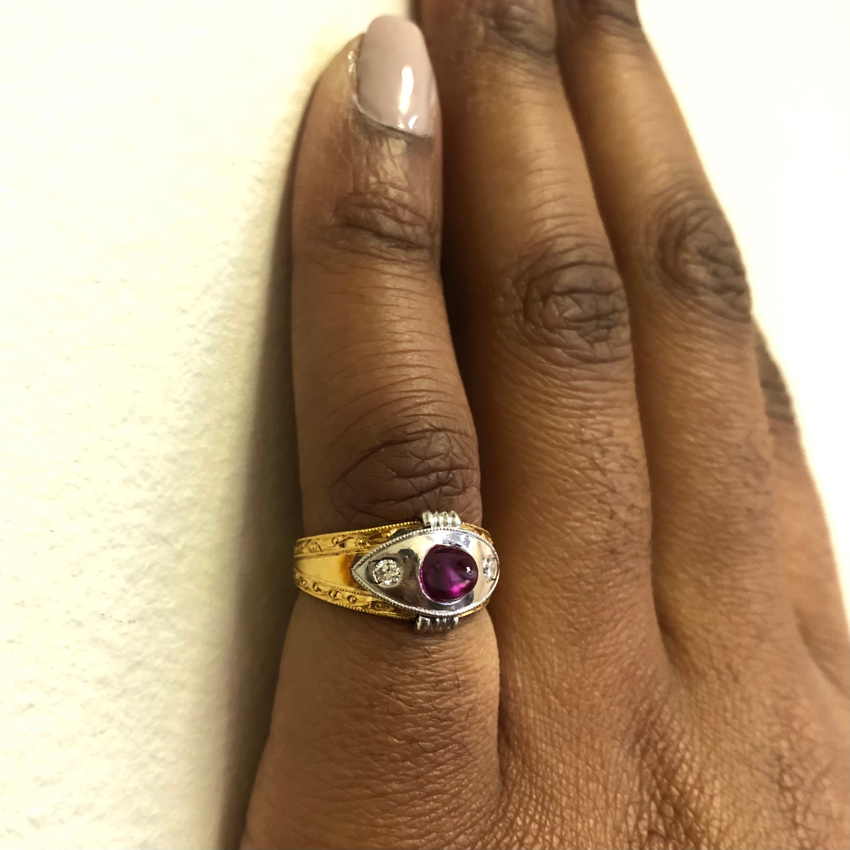 Retro Natural Ruby Cabochon & Diamond Ring | 1.25ct, 0.06ctw | SZ 4.75 |