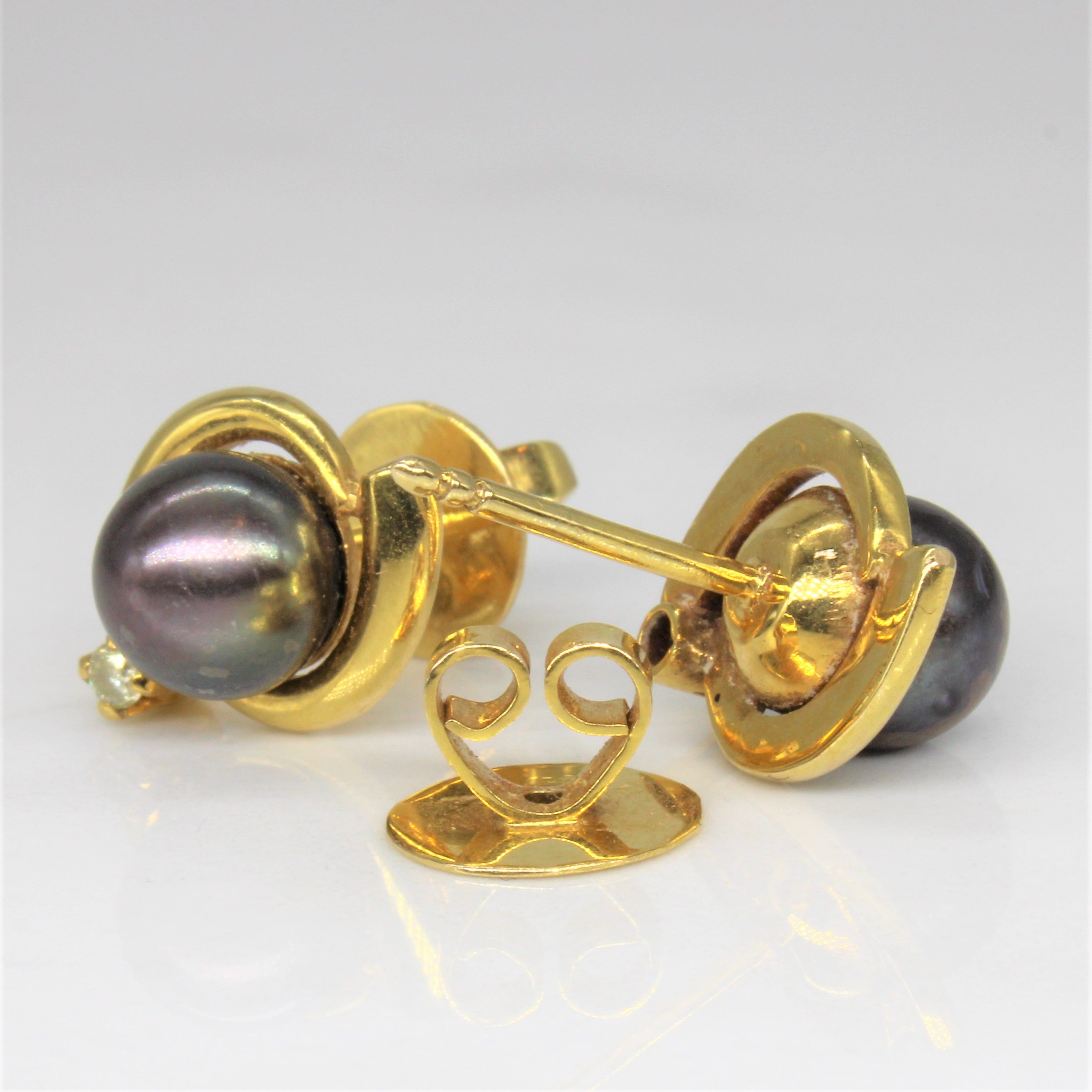Black Pearl & Diamond Swirl Stud Earrings | 0.06ctw |