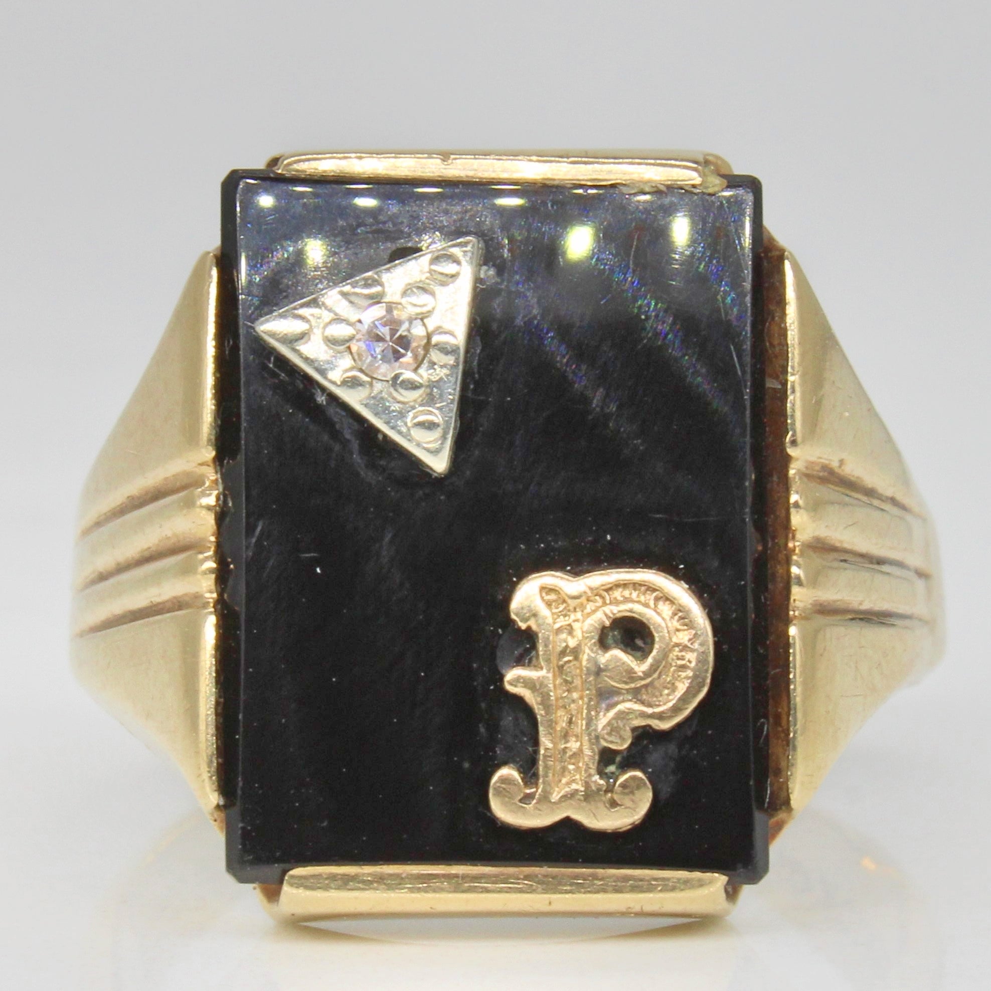 Onyx & Diamond Initial 'P' Initial Ring | 3.50ct, 0.02ct | SZ 8.5 |