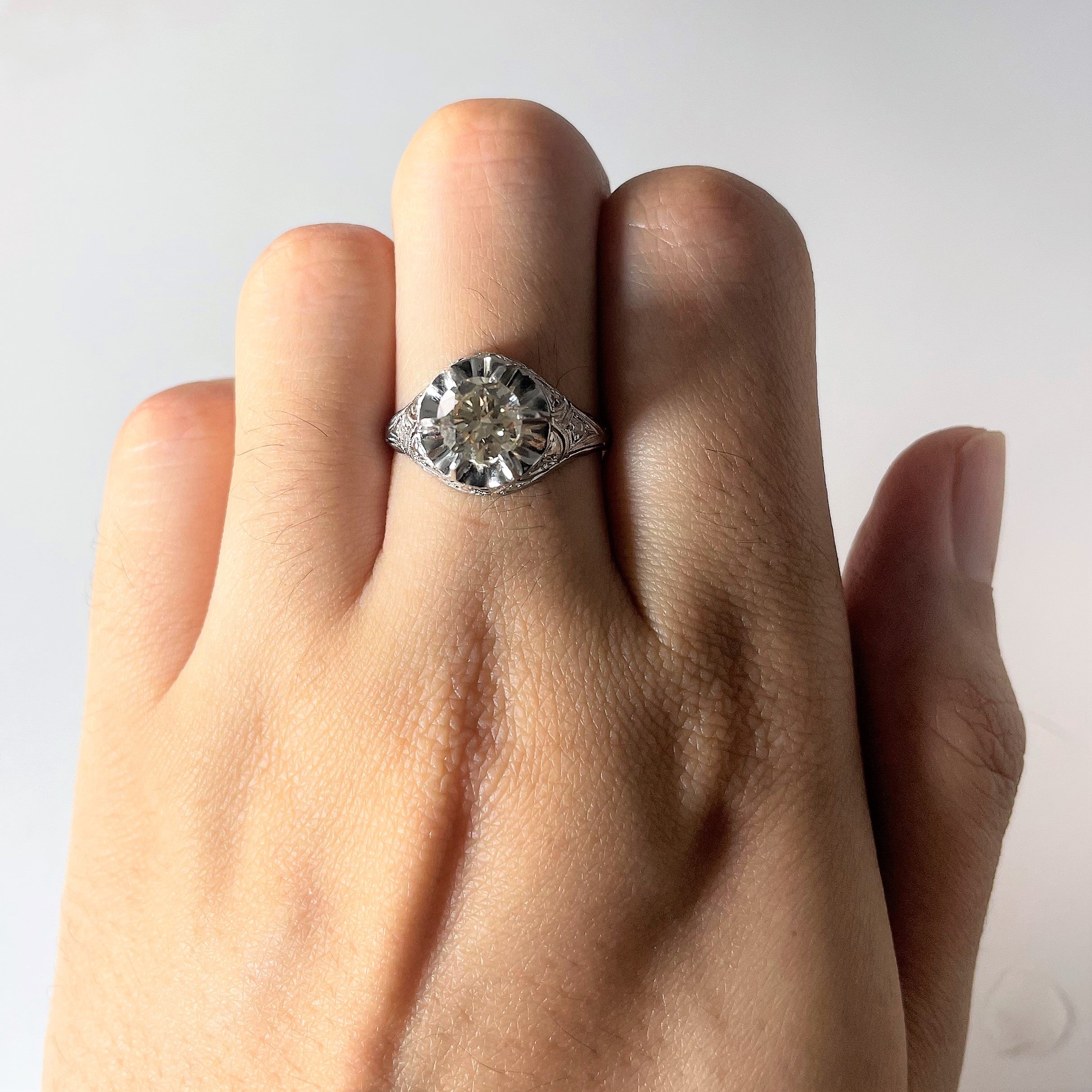 Art Deco Belcher Set Diamond Ring | 0.96ct SI2/I1 N/O, 0.02ctw | SZ 7.5 |