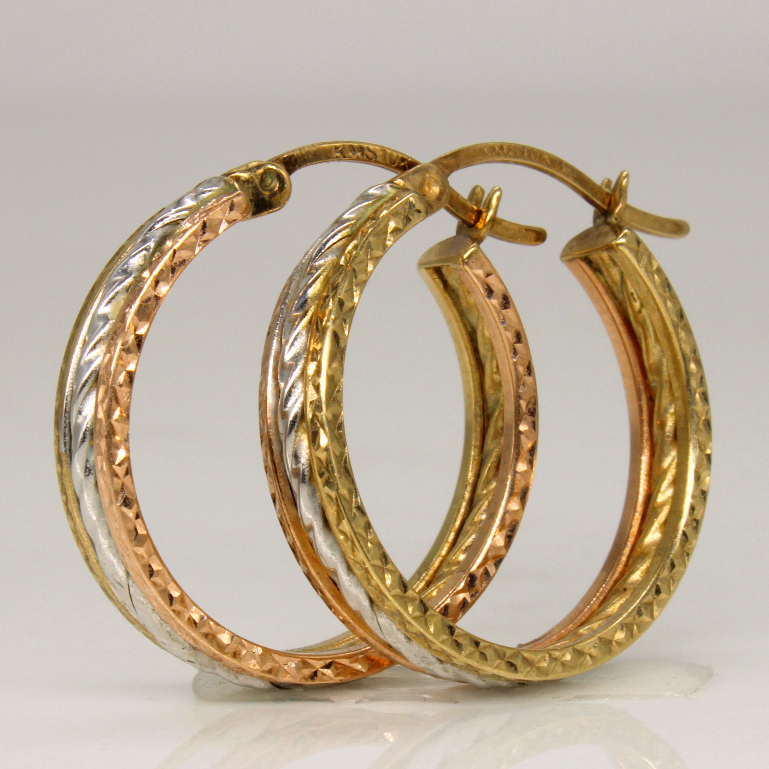 Tri Tone Gold Patterned Hoop Earrings |