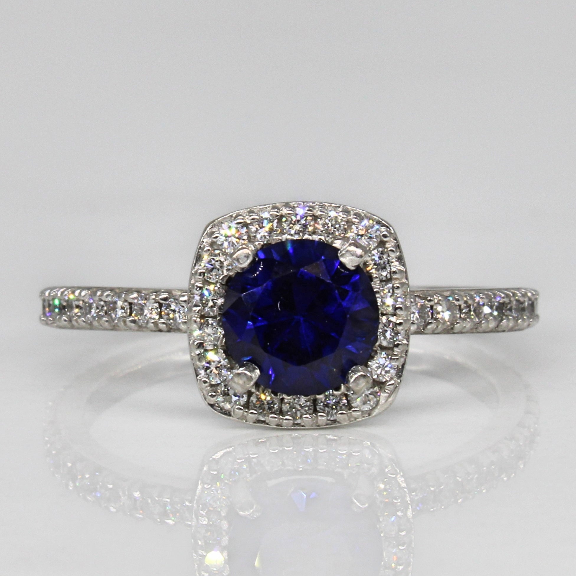 Synthetic Sapphire & Diamond Halo Engagement Ring | 1.30ct, 0.37ctw | SZ 9 |