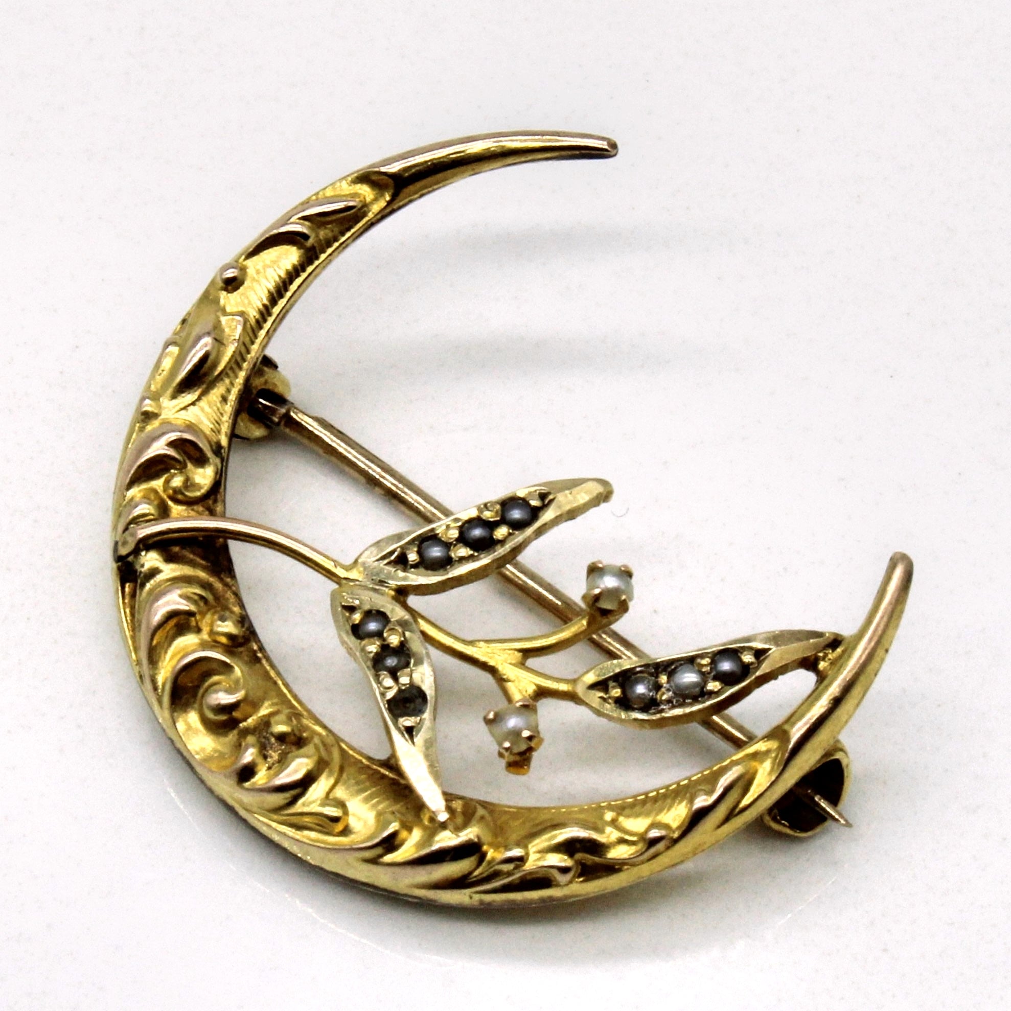 Seed Pearl Moon 12k Brooch
