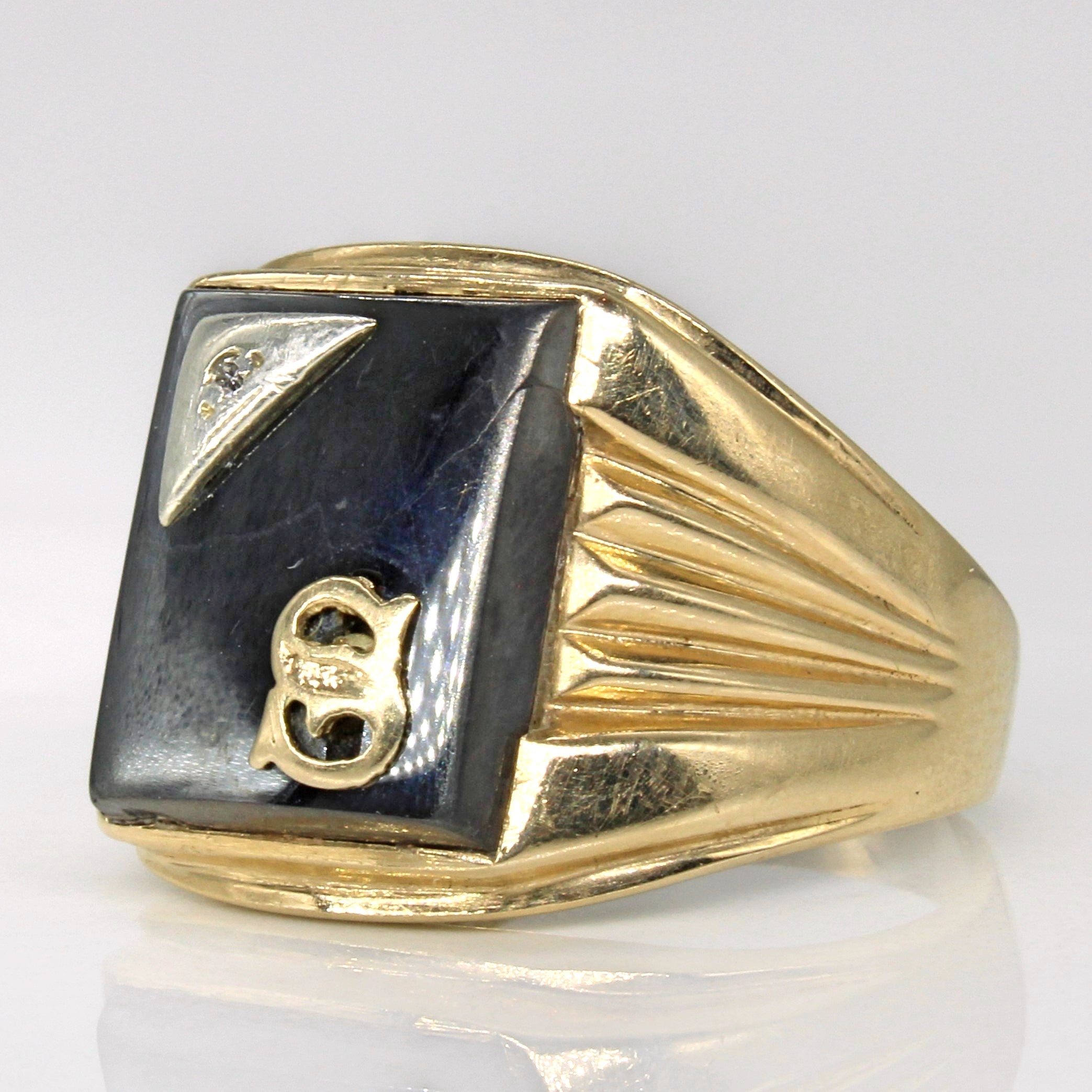 Bague initiale « S » en hématite et diamant | 6,50 ct, 0,01 ct | Taille 10 |
