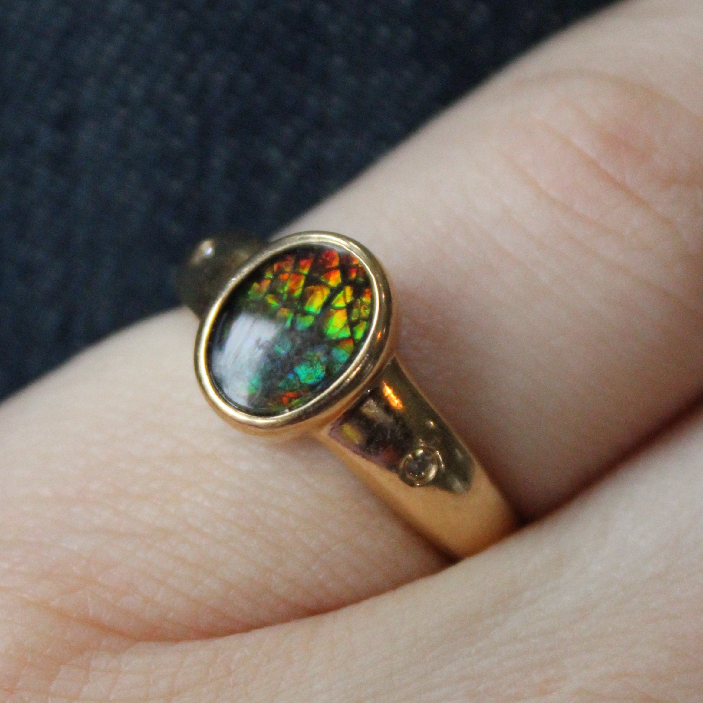 Ammolite & Diamond Three Stone Ring | 0.74ct, 0.01ct | SZ 6.25 |