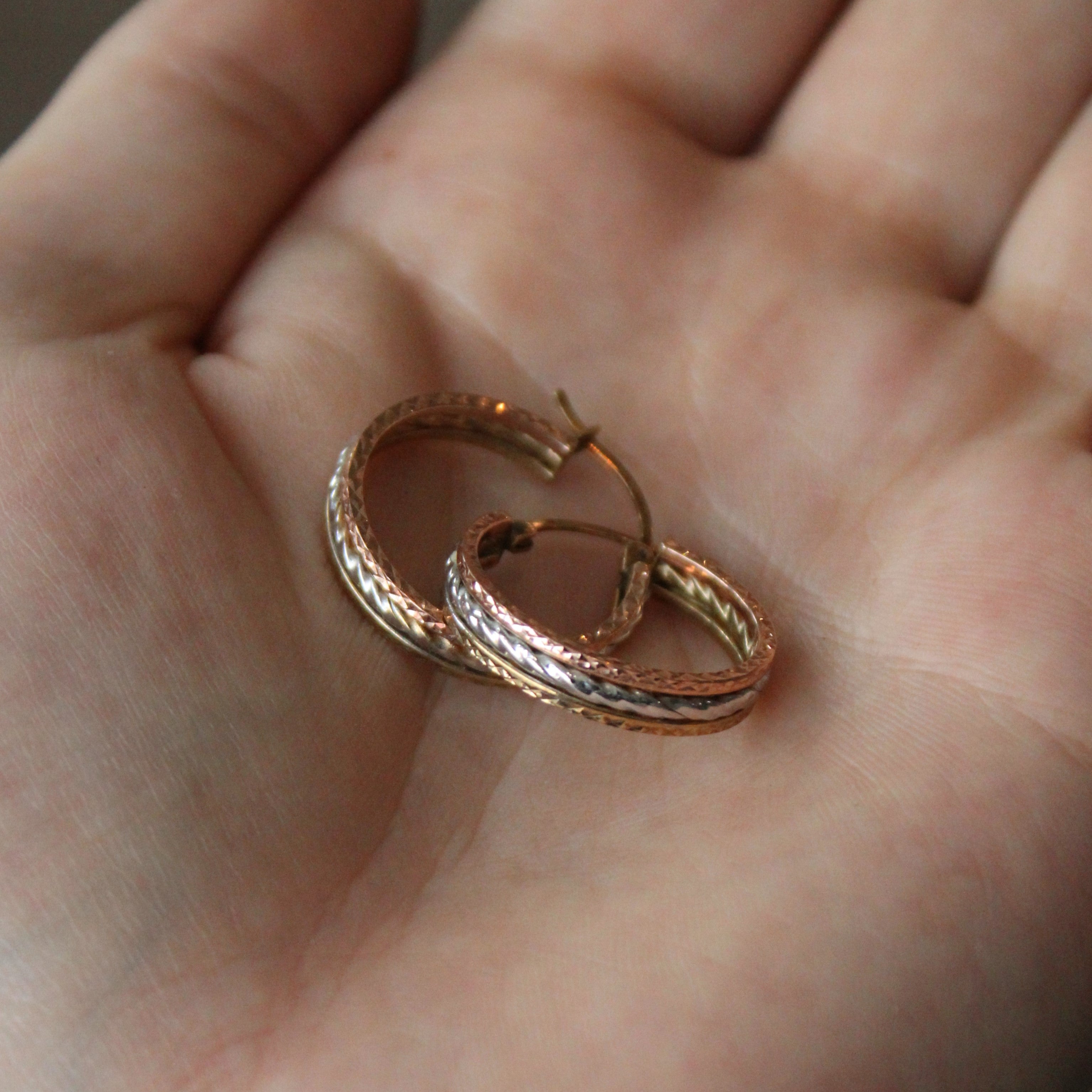 Tri Tone Gold Patterned Hoop Earrings |