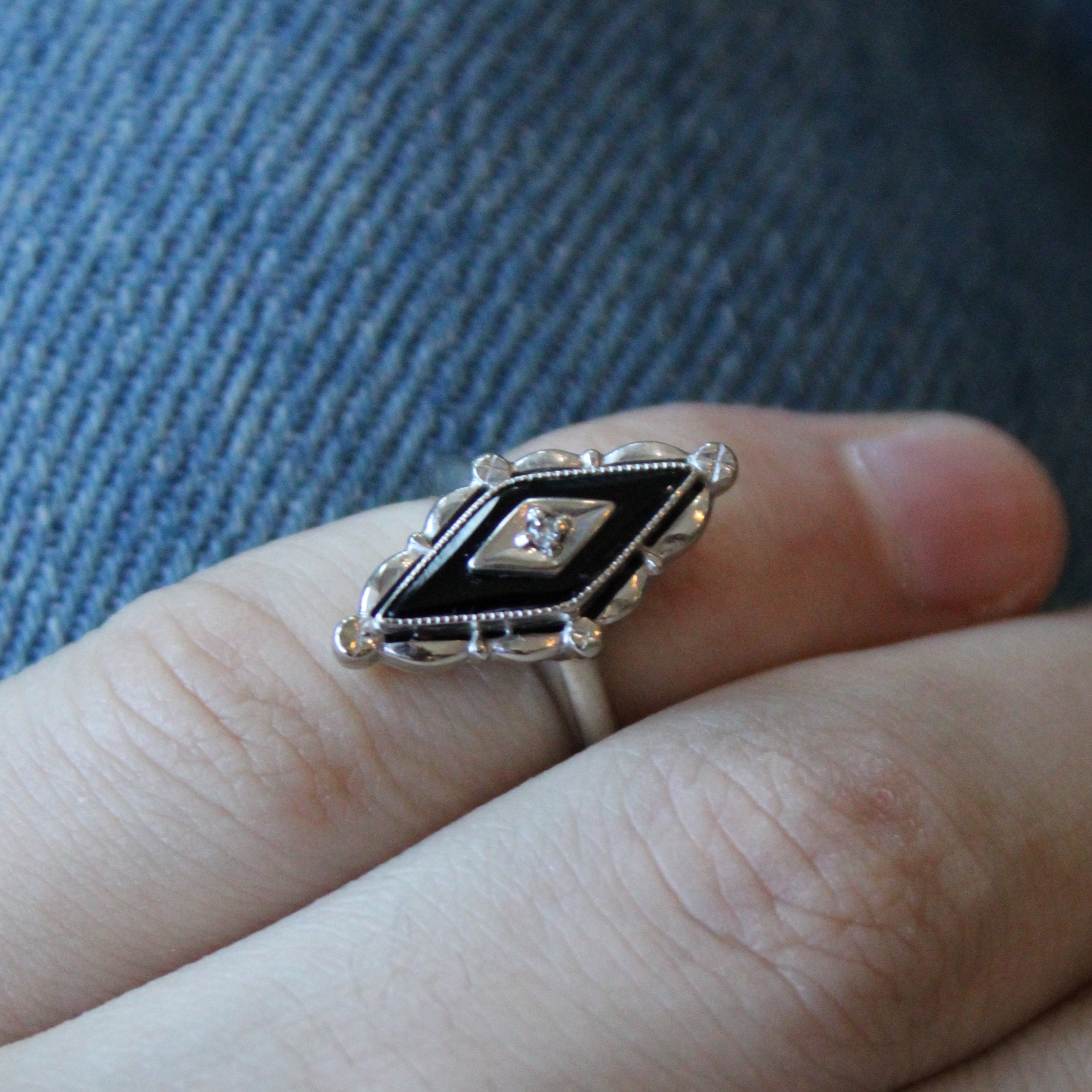 Navette Onyx & Diamond Ring | 1.60ct, 0.01ct | SZ 2 |