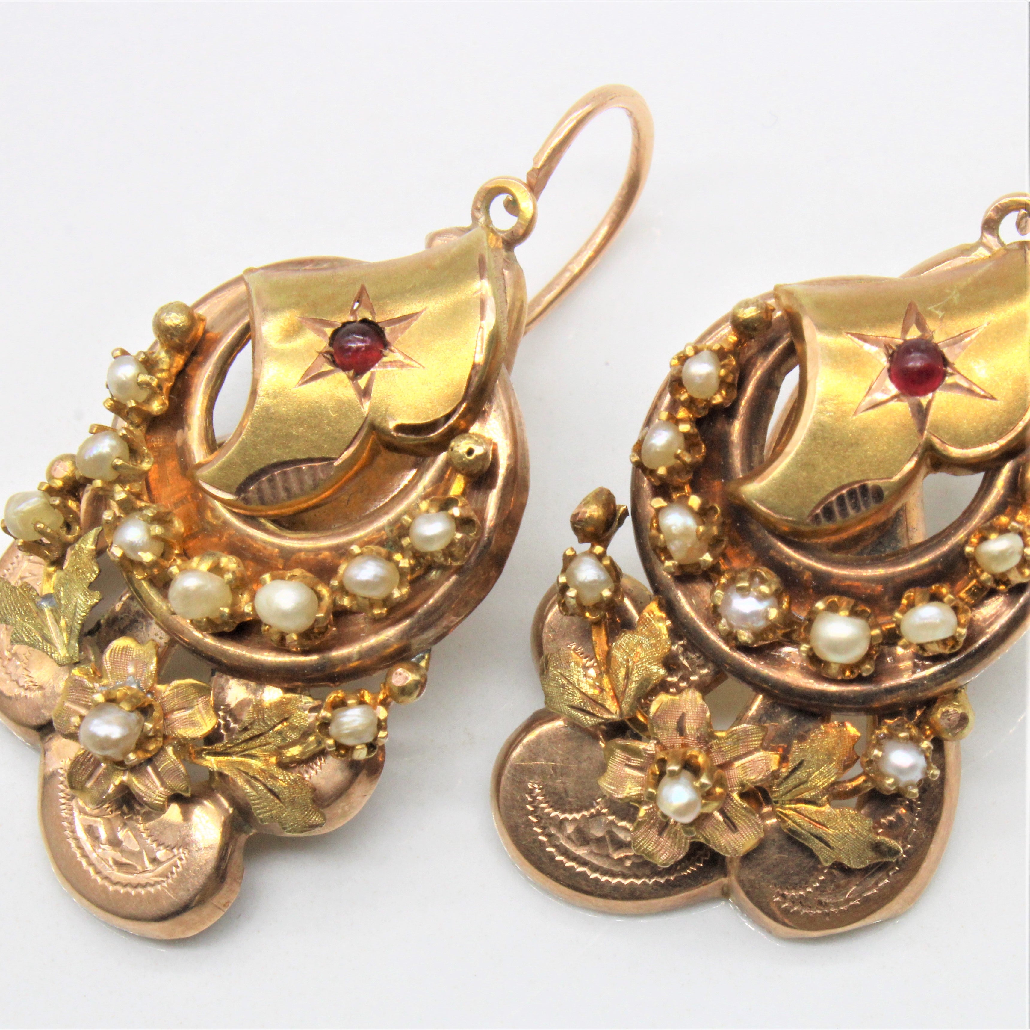 Victorian Seed Pearl & Red Glass Earrings |